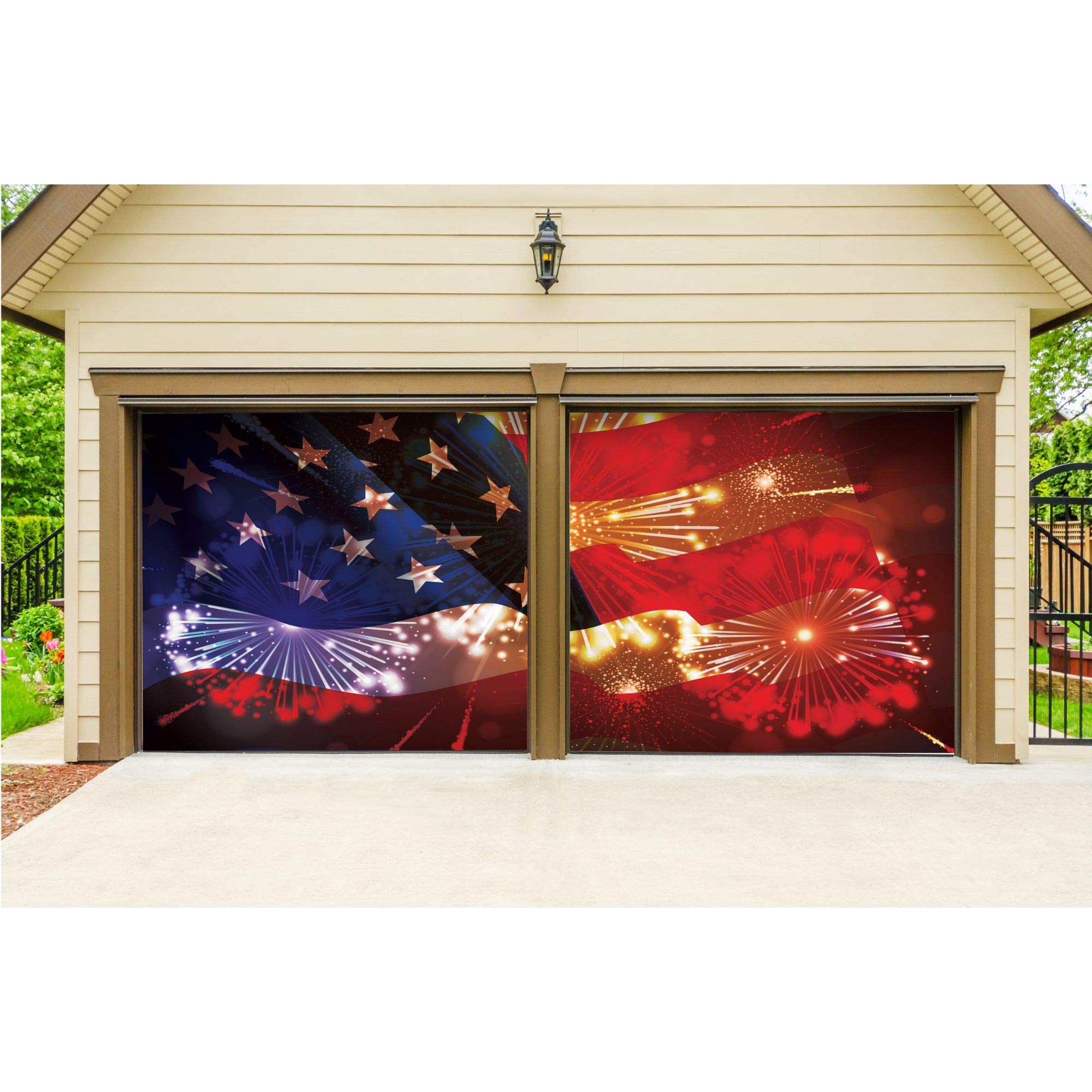 CC Home Furnishings 7' x 8' Blue and Gold Split Car Garage Door Banner - Perfect for Sports Events, Patriotic Decor & Outdoor Advertising