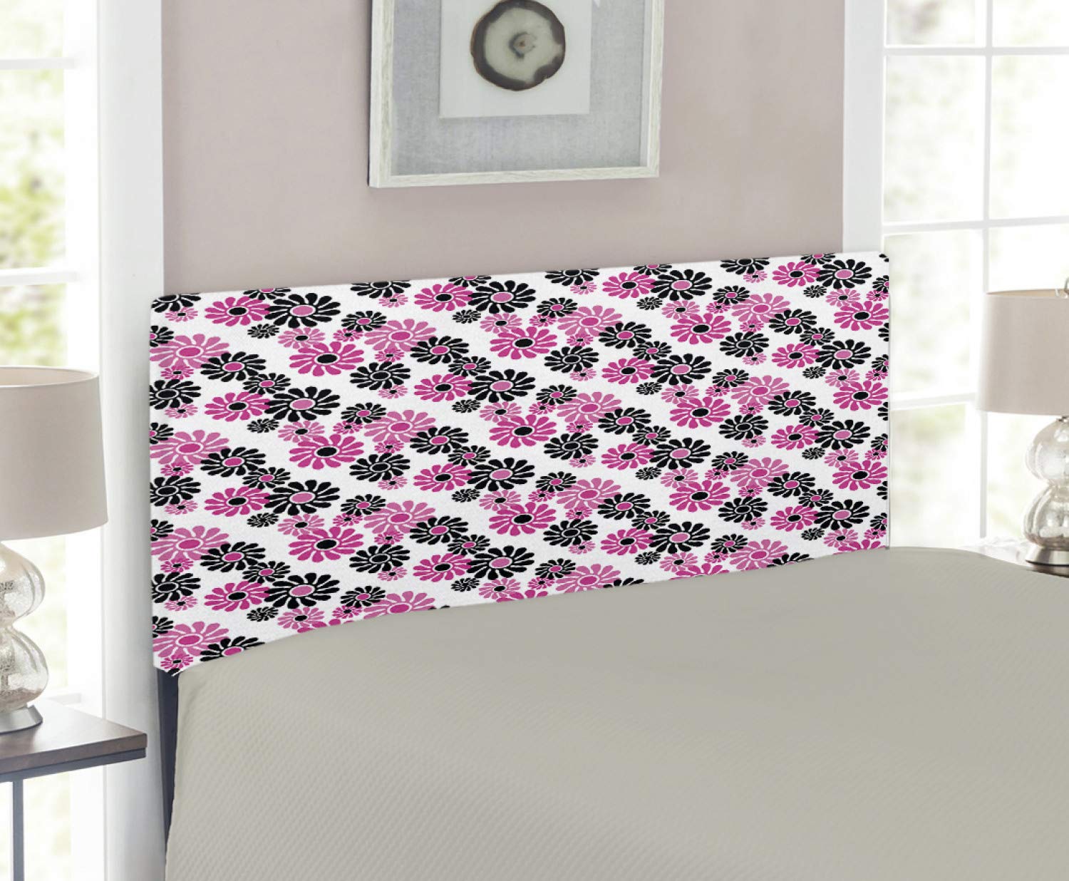 Ambesonne Geometric Upholstered Headboard - Feminine Floral Pattern, Nature Inspired Blooming Flowers Design, Decorative Metal Bed Frame with Memory Foam Padding, Twin Size in Hot Pink, White & Black - Perfect for Girls' Bedroom, Guest Room or Bohemian Style Decor