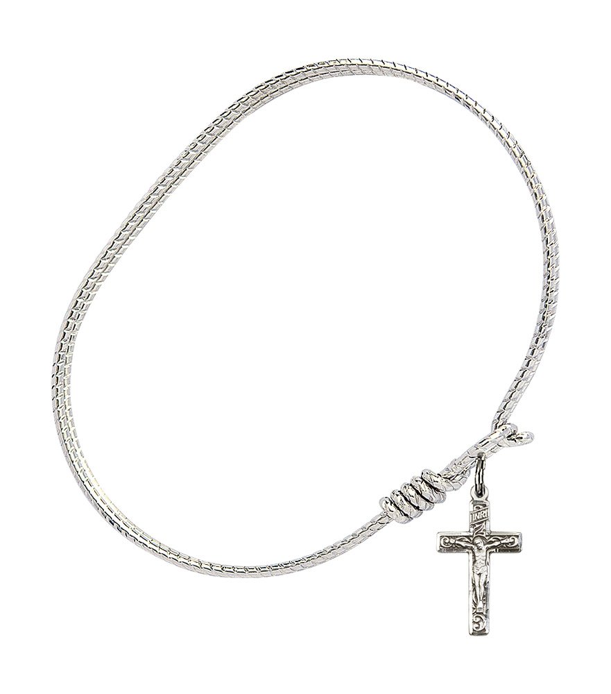 Styling Sterling Silver Oval Eye Hook Bangle Bracelet with Crucifix - Perfect for Everyday Wear, Gift Giving & Religious Occasions