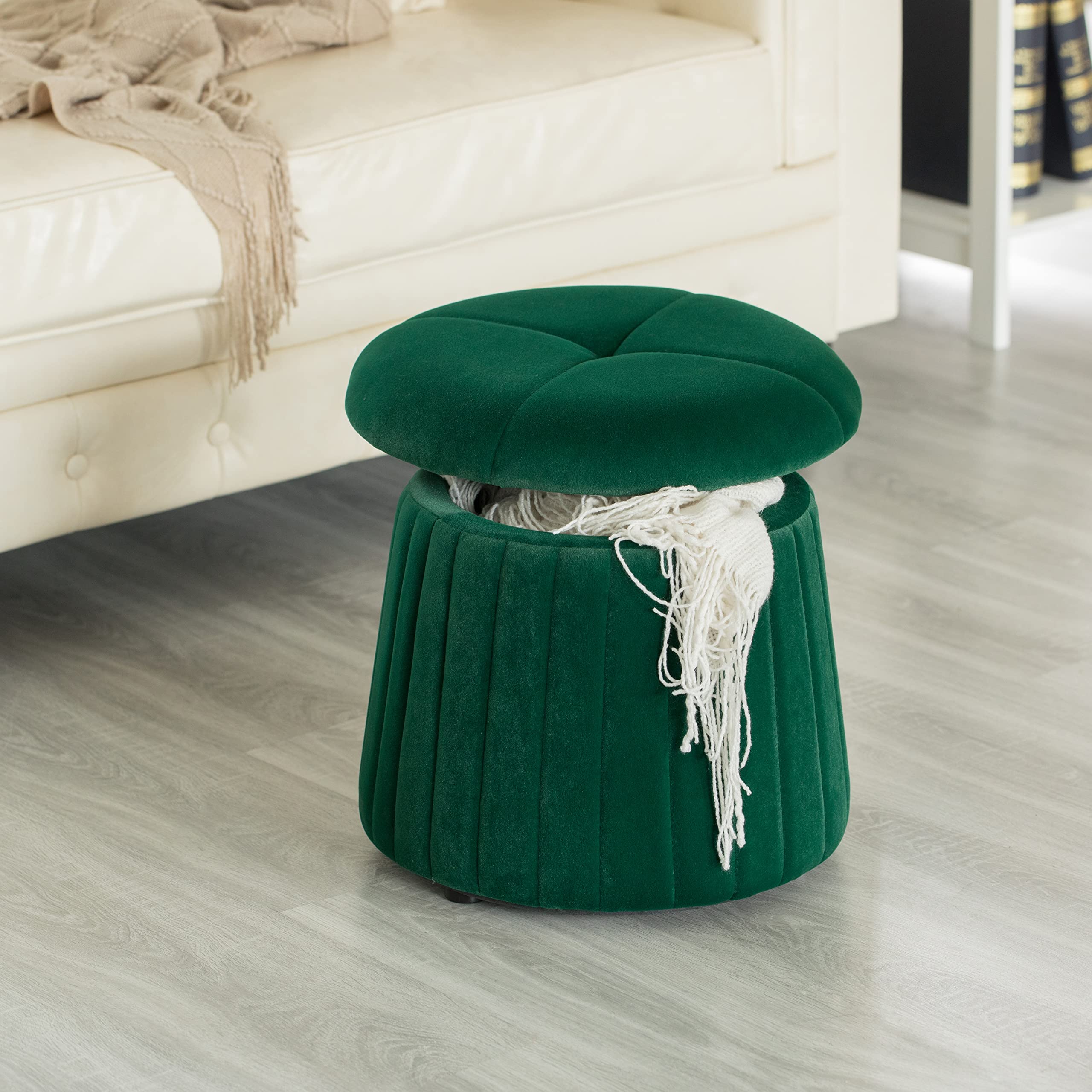Fabulaxe Modern Tufted Velvet Mushroom Storage Ottoman Stool - Green Velvet Footrest with Hidden Storage | Perfect for Living Room, Bedroom & Dorm Organization