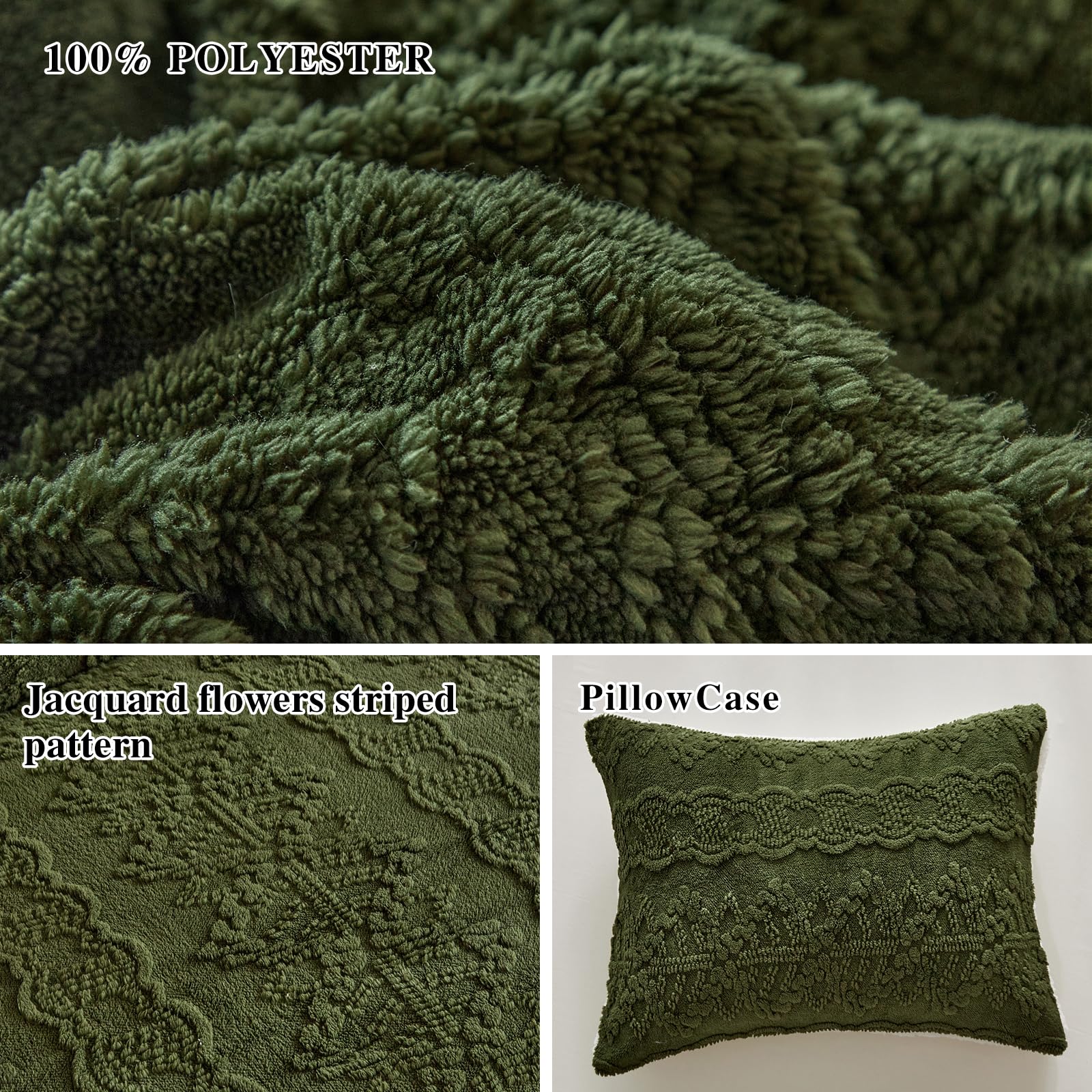 Luxury Flannel Fleece Sherpa King Size Comforter Set - Jacquard Boho Stripes Down Alternative Bedding, Ultra Soft & Warm Olive Green Winter Comforter with 2 Pillowcases (3-Piece) | Cozy Bedroom Upgrade for Cold Nights & Boho Chic Decor