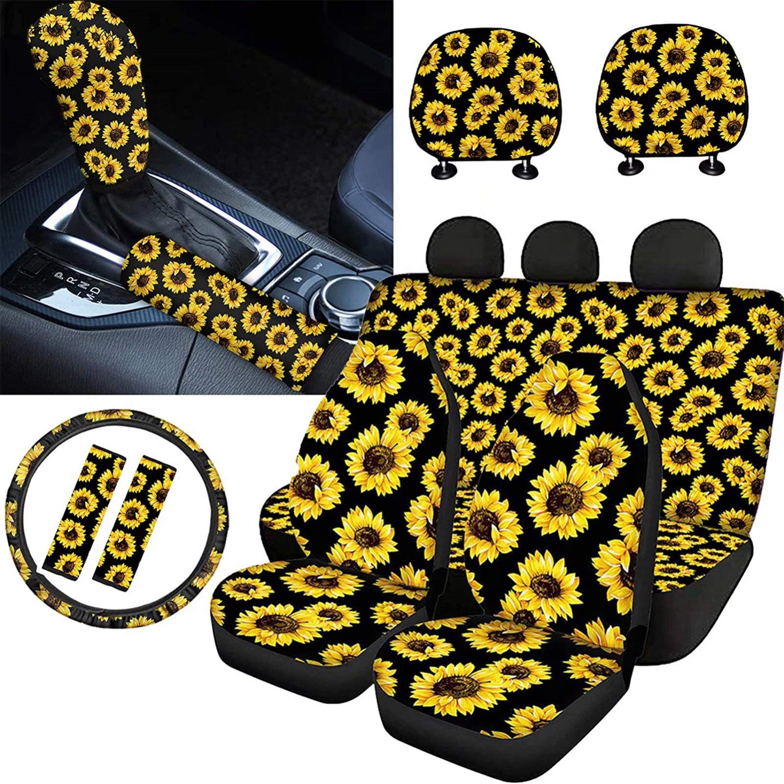 Dolyues Sunflower Car Seat Covers Full Set with Headrest Covers, Steering Wheel Cover & Gear Shift Knob Cover - Universal Fit for Cars & SUVs, Black Elastic Seat Belt Pads for Adults & Kids - Perfect for Road Trips, Daily Commutes & Family Travel