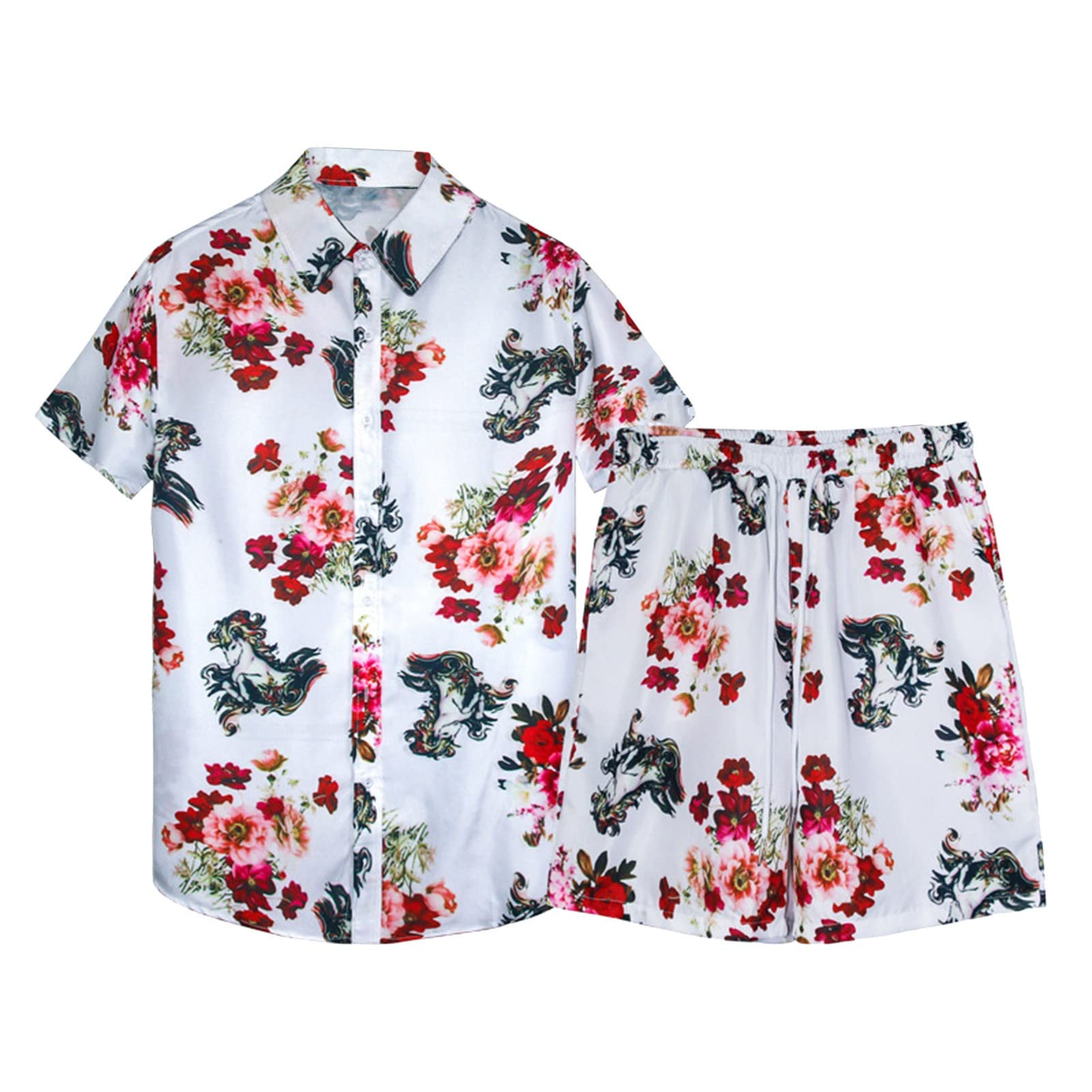 **Men's Tropical Print 2-Piece Outfit - Slim-Fit Summer Button-Down Shirt & Shorts Set - Breathable BBQ, Beach, Independence Day Outfits for Casual & Party Wear**