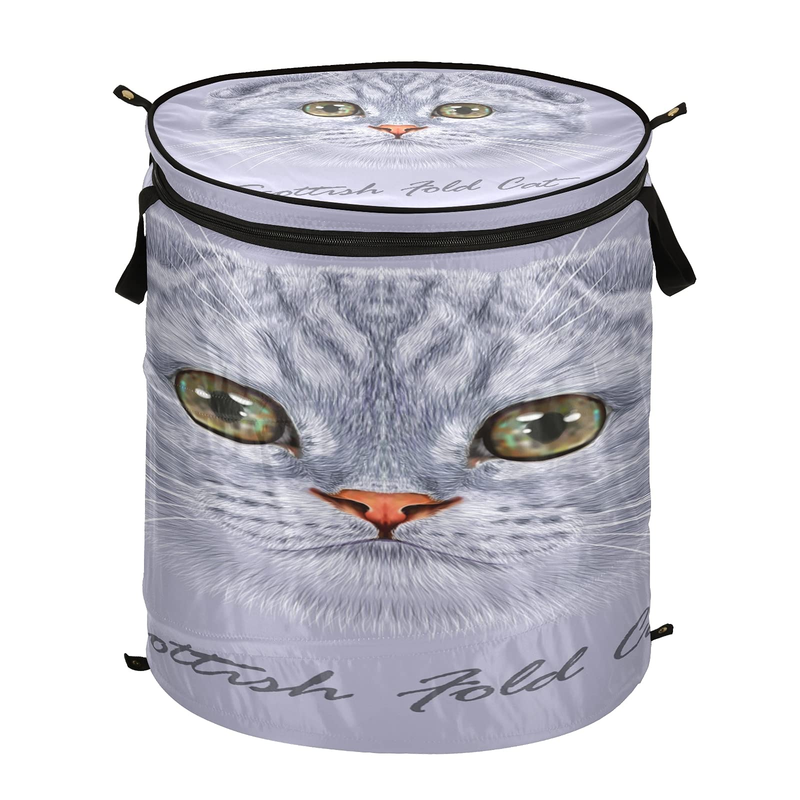 STAYTOP Foldable Pop-Up Laundry Hamper with Zippered Dustproof Lid - Collapsible Clothes Storage Basket for Bedroom, Laundry Room & Dorm - Perfect for Clothes, Toys & School Supplies (Cute Cat Animal Print Design)