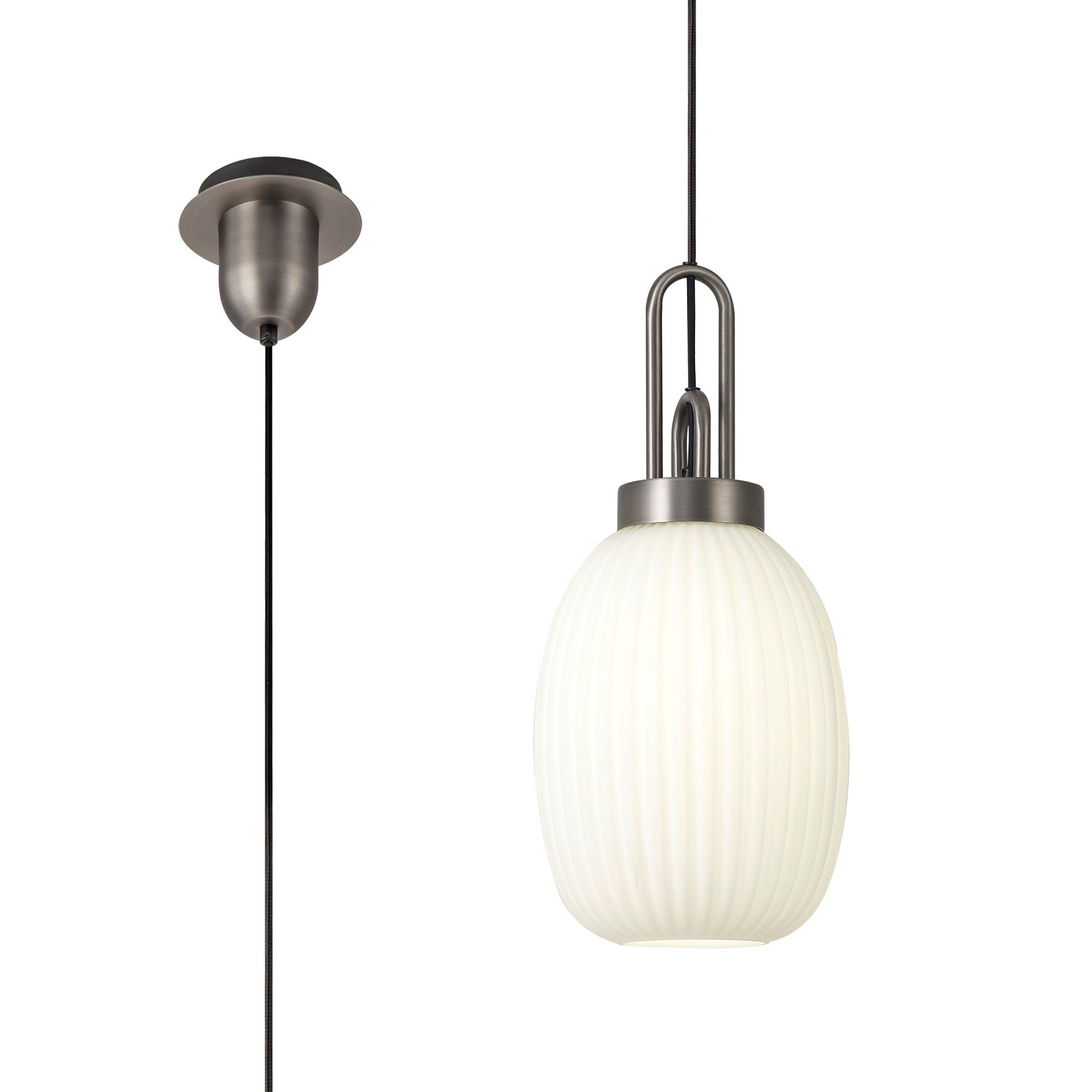 Cadiz 1-Light Pendant Light Fixture with 20cm Almond Ribbed Glass Shade, E27 Socket, IP20 Rated - Perfect for Kitchen Island, Dining Room, or Bedroom Lighting