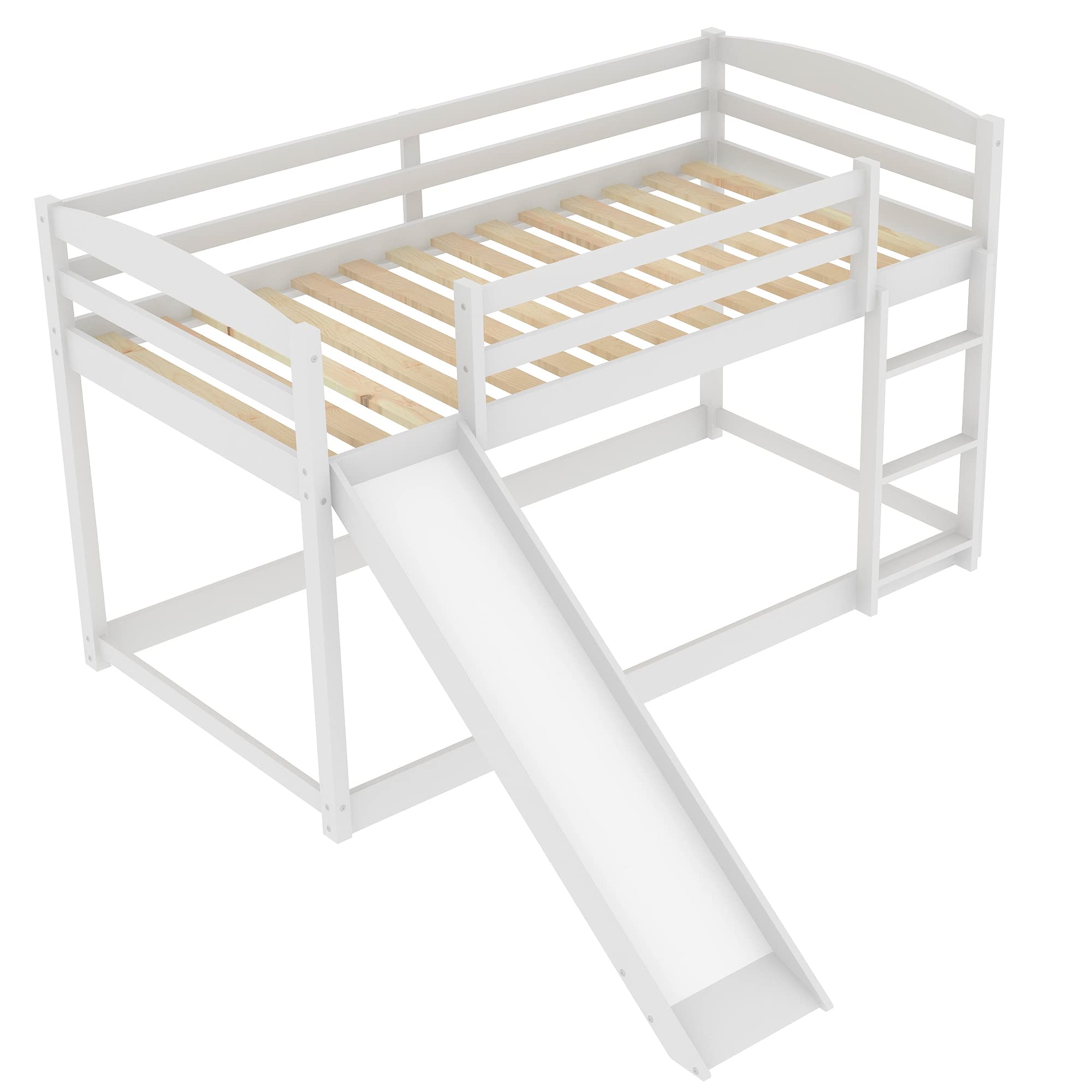Harper & Bright Designs Low Bunk Bed with Slide - Twin Over Twin Wooden Bunk Bed with Ladder for Kids & Toddlers - White - Perfect for Small Bedrooms, Playrooms & Shared Kids' Spaces