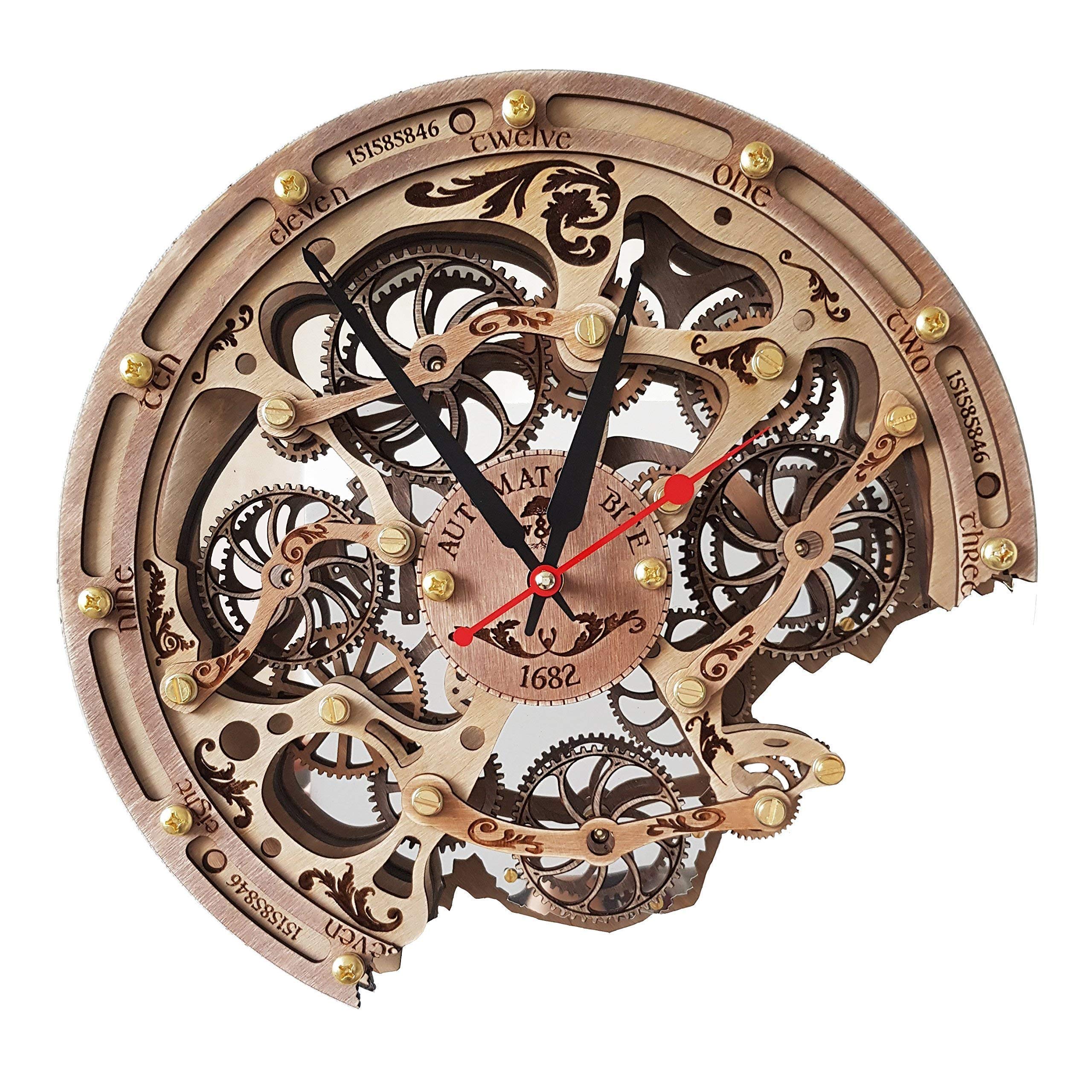 Handcrafted Steampunk Wall Clock with Moving Gears - Automaton Bite 1682 Woody by WOODANDROOT | Unique Transparent Design, Large Personalized Anniversary Gift for Home & Office Decor | Perfect for Living Room, Study or Steampunk-Themed Spaces