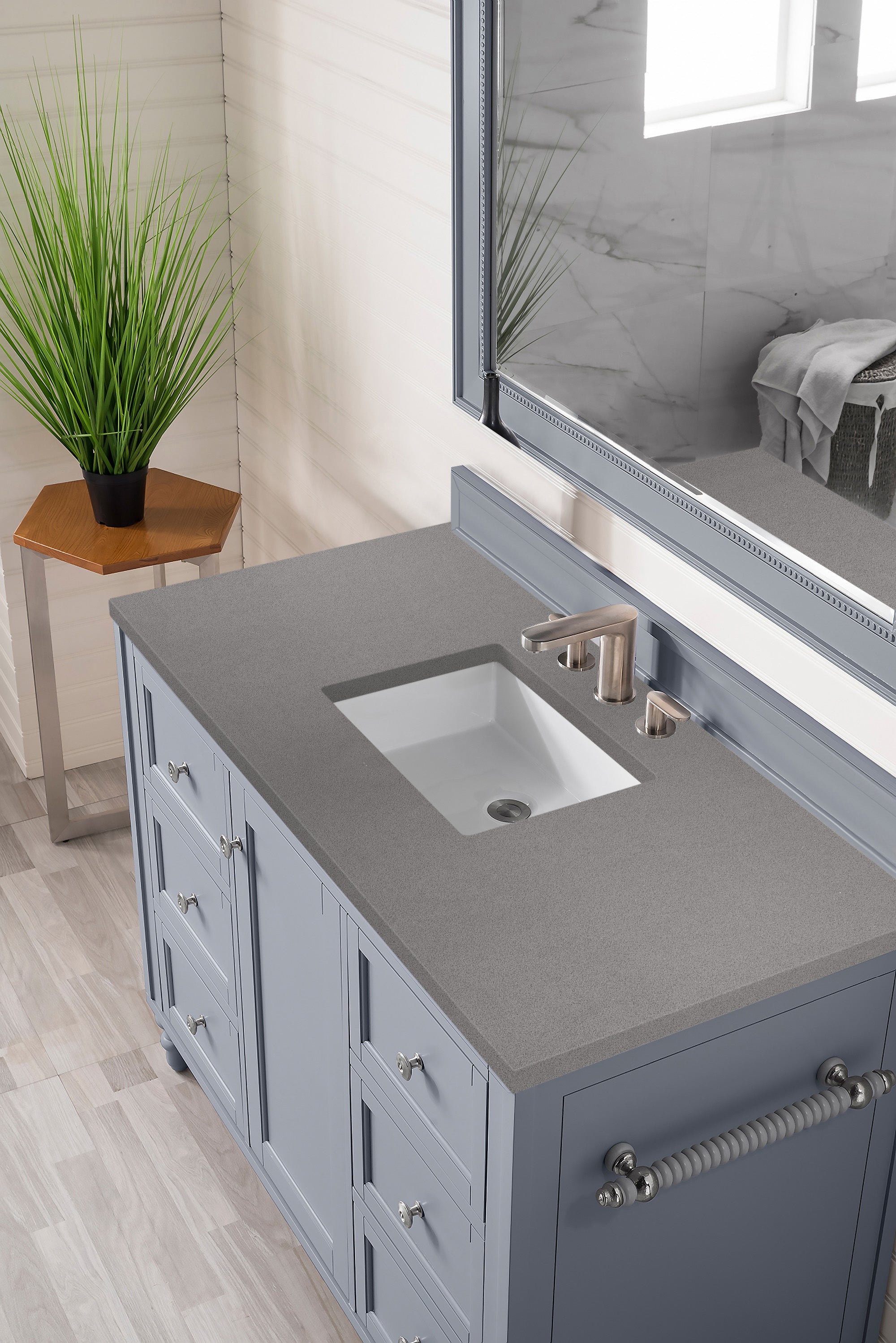 Copper Cove Encore 48 Inch Single Bathroom Vanity with 3CM Grey Expo Quartz Top in Silver Gray - Perfect for Modern Home Bathroom Remodeling and Space-Saving Design