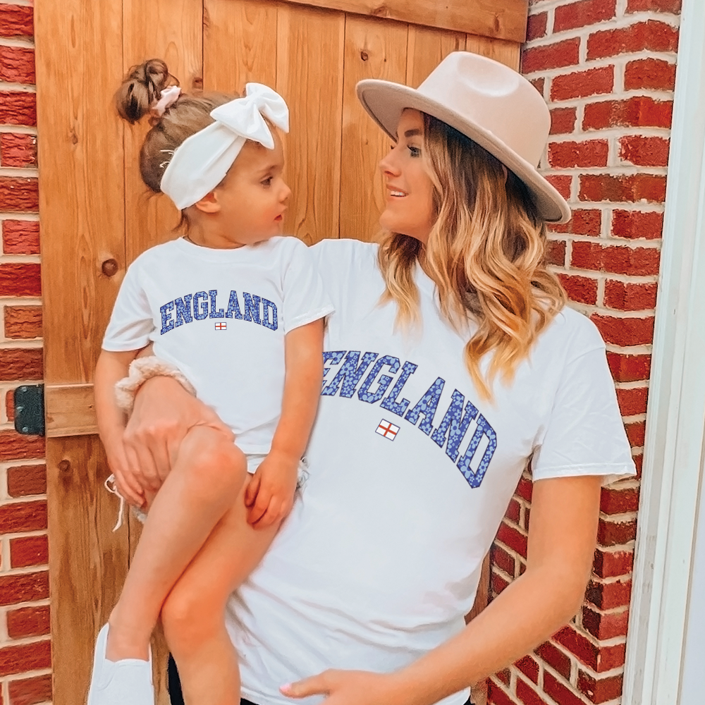 Blue Floral England Matching White T-Shirts for Women - Casual Summer Outfit & Couple Matching Tees