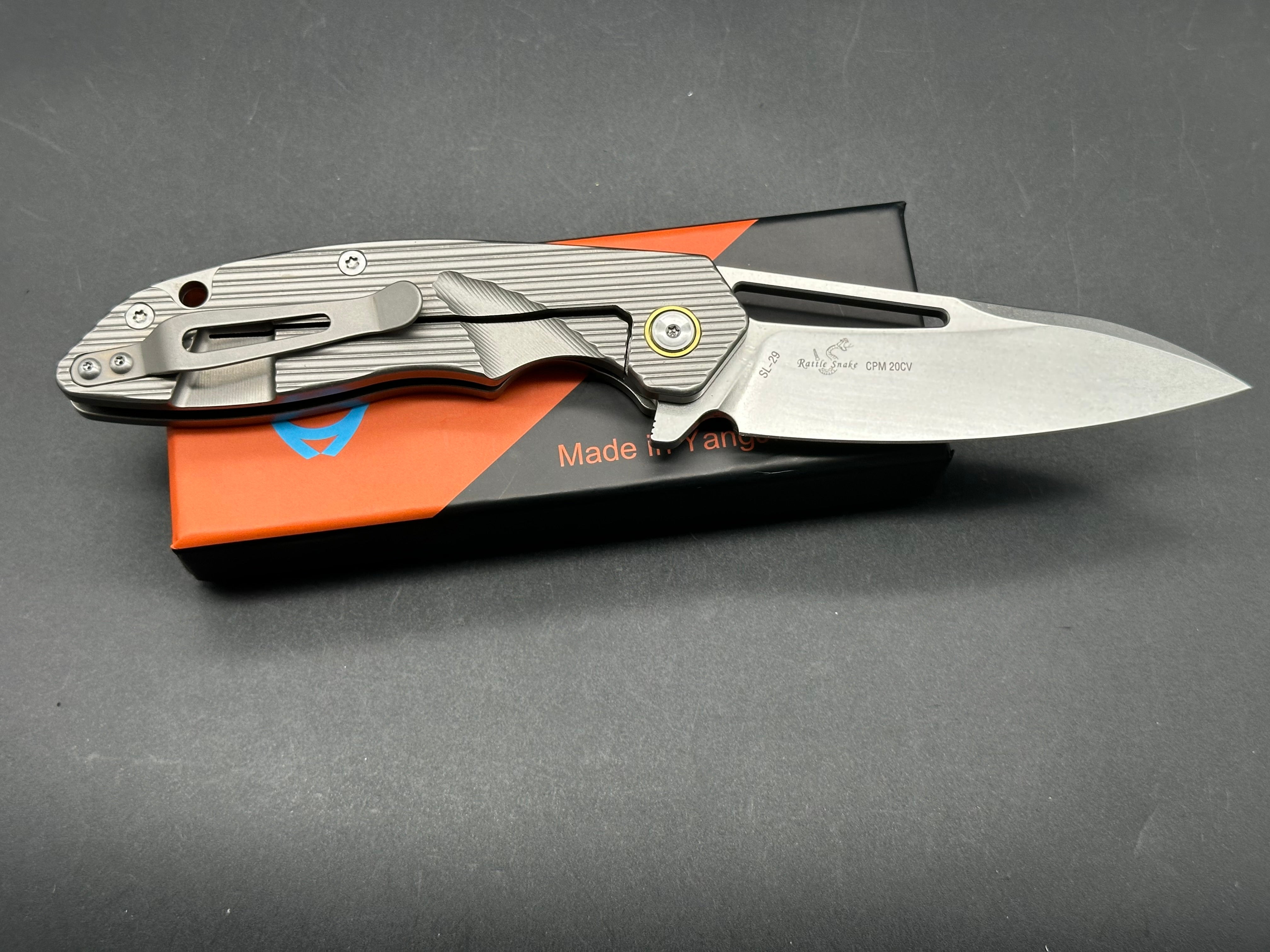 SIXLEAF SL 29B Rattlesnake Design Titanium Pocket Knife - CPM 20CV Blade Steel, Milled Titanium Handle - Perfect for Camping, Hiking & Everyday Carry (EDC)