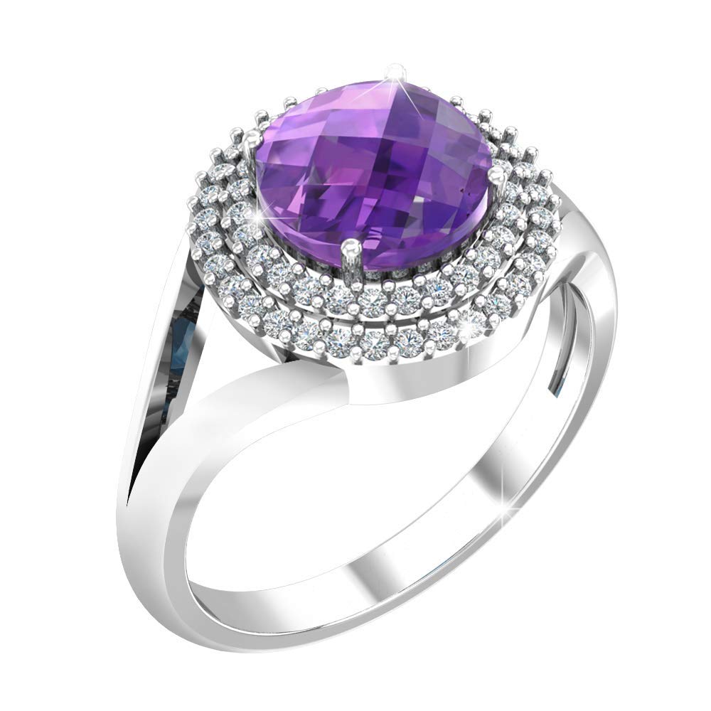 925 Sterling Silver Round Gemstone Birthstone Double Halo Ring for Women - Perfect Gift for Birthday, Anniversary & Special Occasions