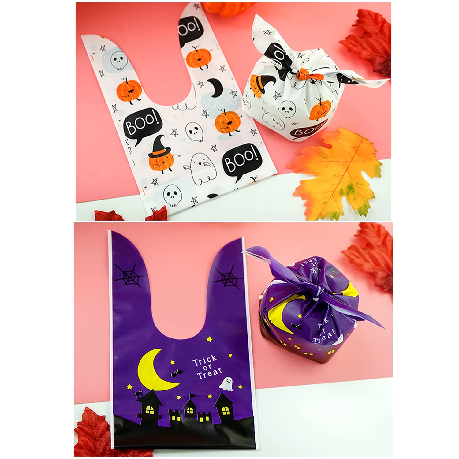 50Pcs Halloween Goodie Bags - Pumpkin & Ghost Treat Bags with Ear Ties for Candy, Cookies, Party Favors | Orange Halloween Party Supplies for Trick or Treat, Classroom Treats & Halloween Gift Giving