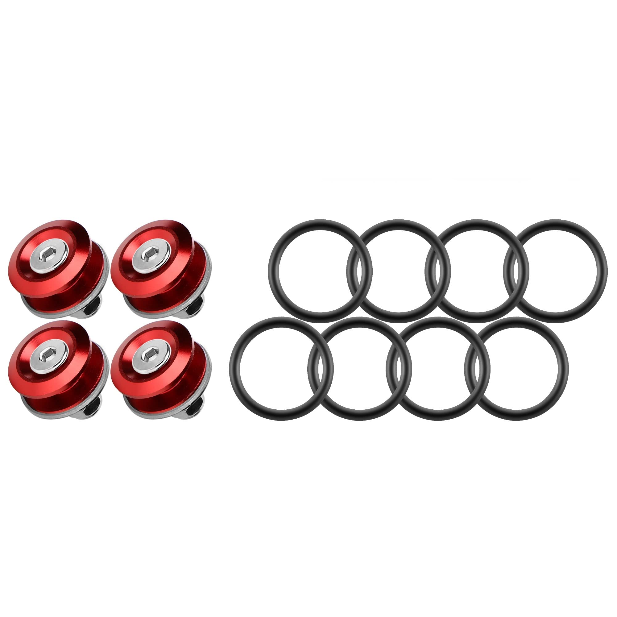JDM Quick Release Bumper Fasteners Kit - 4 Piece Set with 8 O-Rings (Red) for Front & Rear Bumper - Perfect for Car Modifications, Drift Racing & Automotive Customization