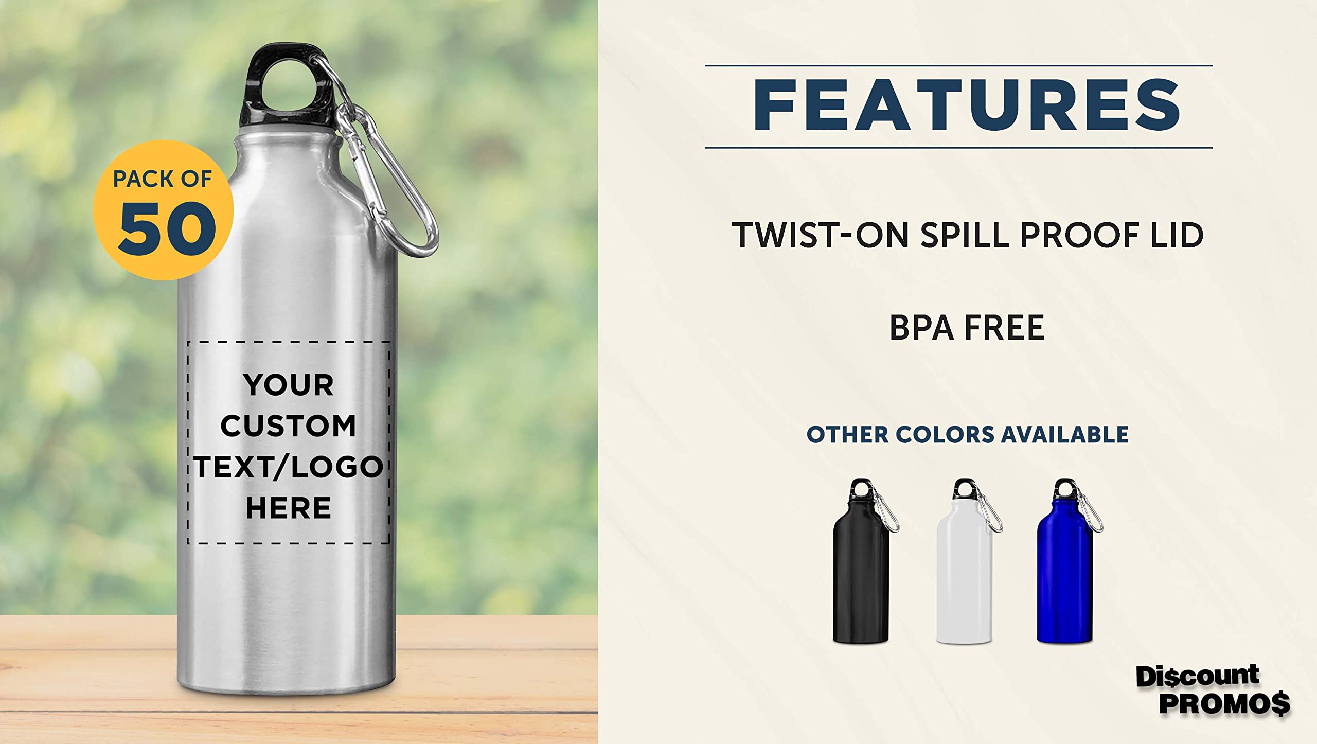 Custom 20 oz Aluminum Water Bottles Bulk Pack of 50 - Personalized Gym & Hiking Bottles - Eco-Friendly Reusable Drinkware for Sports, Office, Camping & Outdoor Activities - Silver