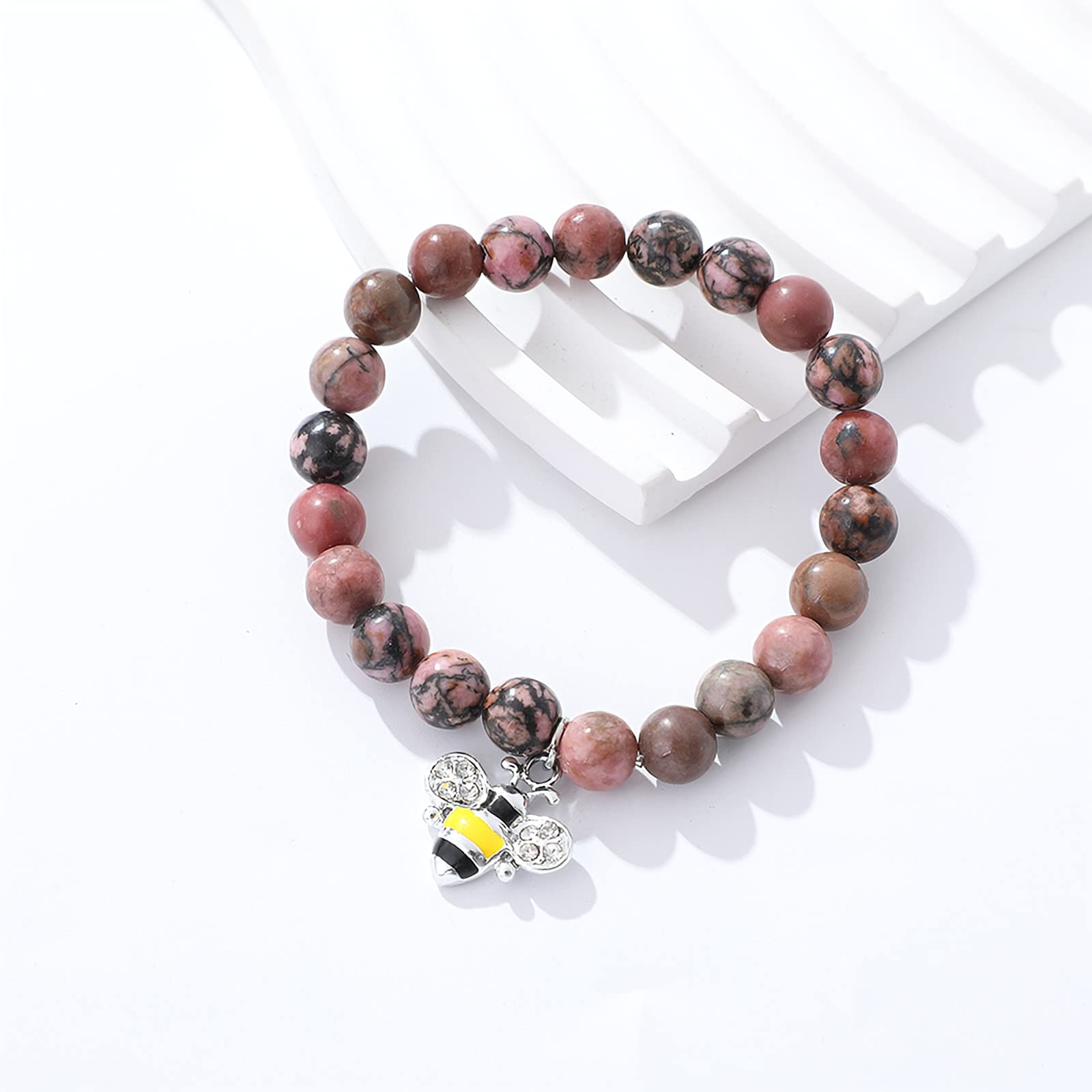 Teacher Bracelet Gift for Women - Natural Stone Jewelry with Apple Bee Charm for Graduation & Appreciation - Class of 2024