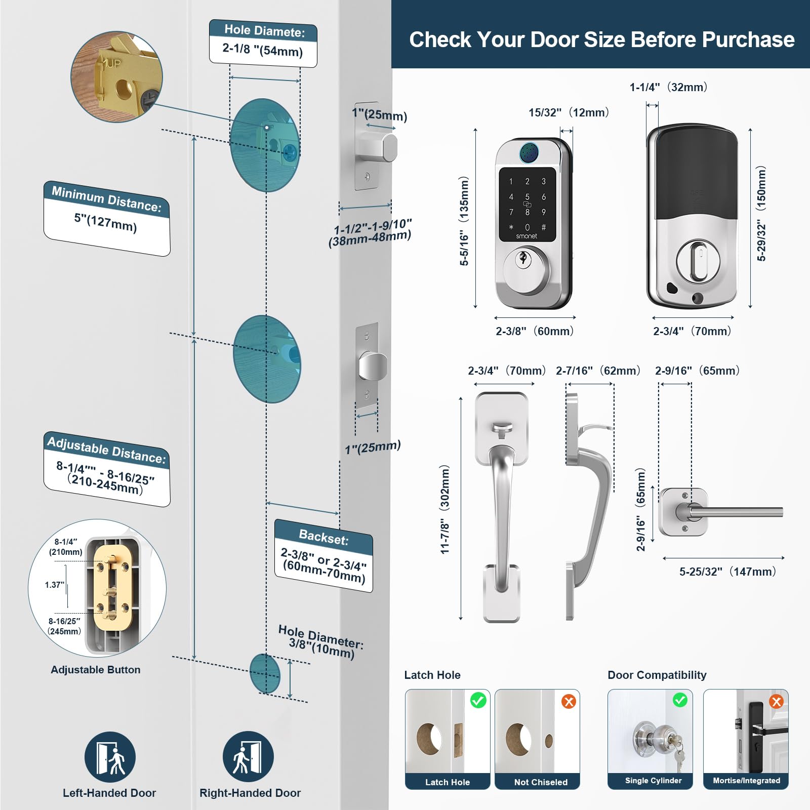 SMONET Smart Keyless Entry Door Lock - Fingerprint, WiFi, Bluetooth, Alexa Compatible Deadbolt with Digital Keypad & Auto Lock - Silver | Secure Home, Office & Vacation Rentals