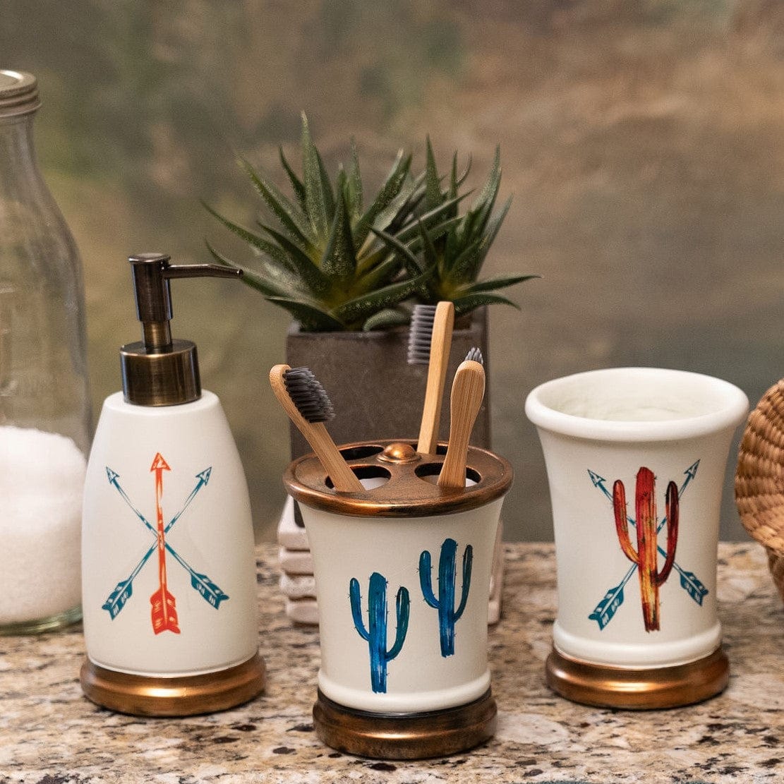 3-Piece Cactus Bathroom Countertop Accessory Set - Soap Dispenser, Toothbrush Holder & Tumbler for Modern Home Decor
