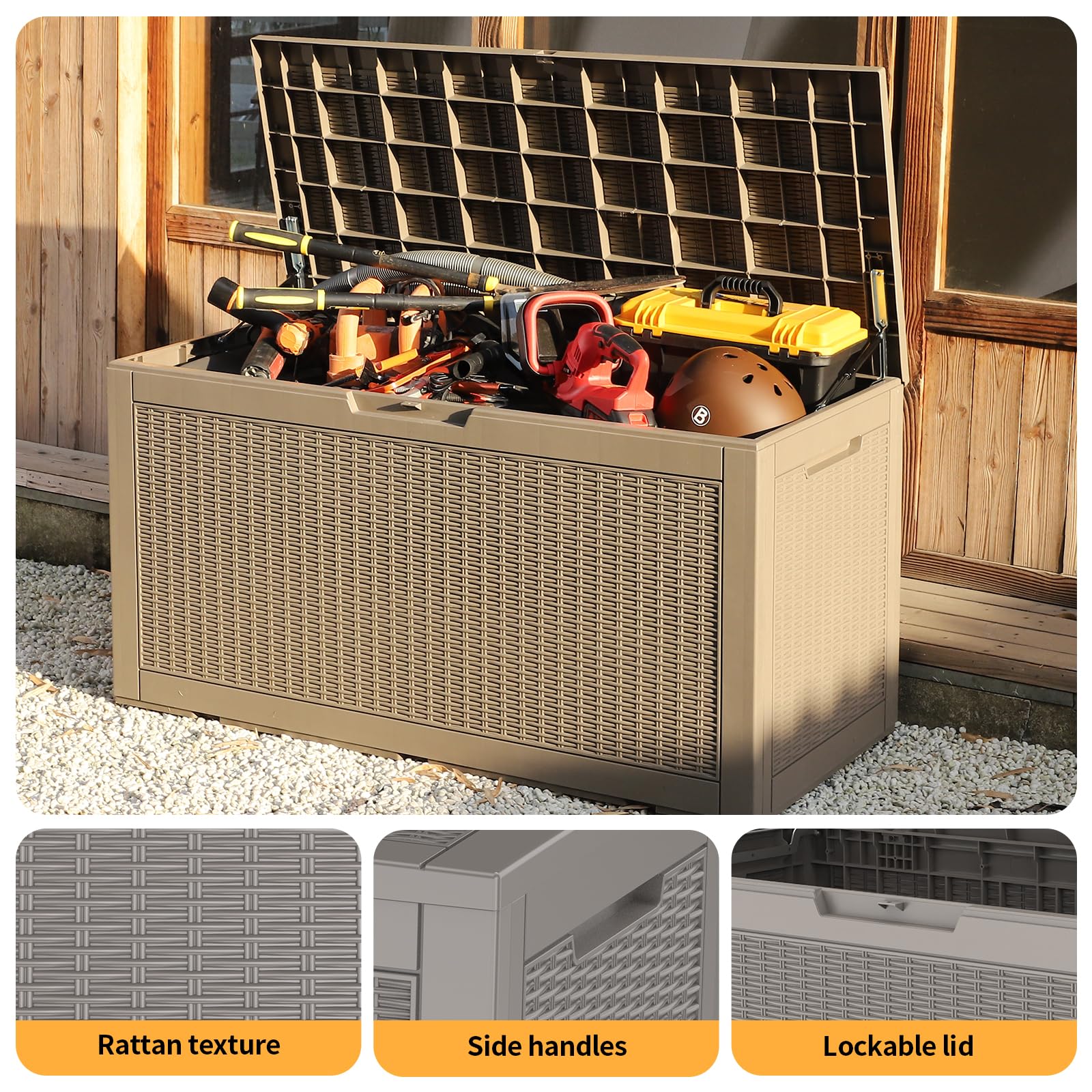 DRATO 100 Gallon Large Deck Box - Outdoor Waterproof Resin Storage Container for Patio Furniture, Cushions, Gardening Tools & Pool Supplies (660lbs Weight Capacity) - Perfect for Backyard, Garden & Poolside Organization