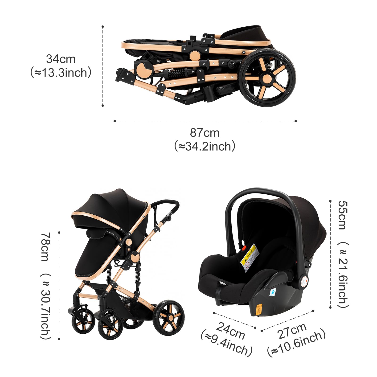 3 in 1 Baby Travel System - Reversible Stroller, Portable Foldable Pram Buggy with Base for Newborn & Toddler | UD588-BLACKGOLD | Perfect for Shopping, Travel & Outdoor Walks