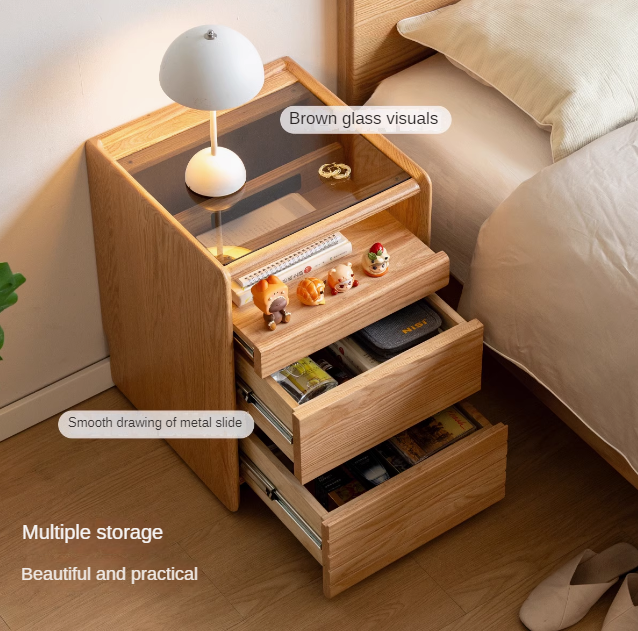Solid Oak Wood Nightstand with Glass Top - Modern Movable Bedside Table for Bedroom, Living Room, or Office