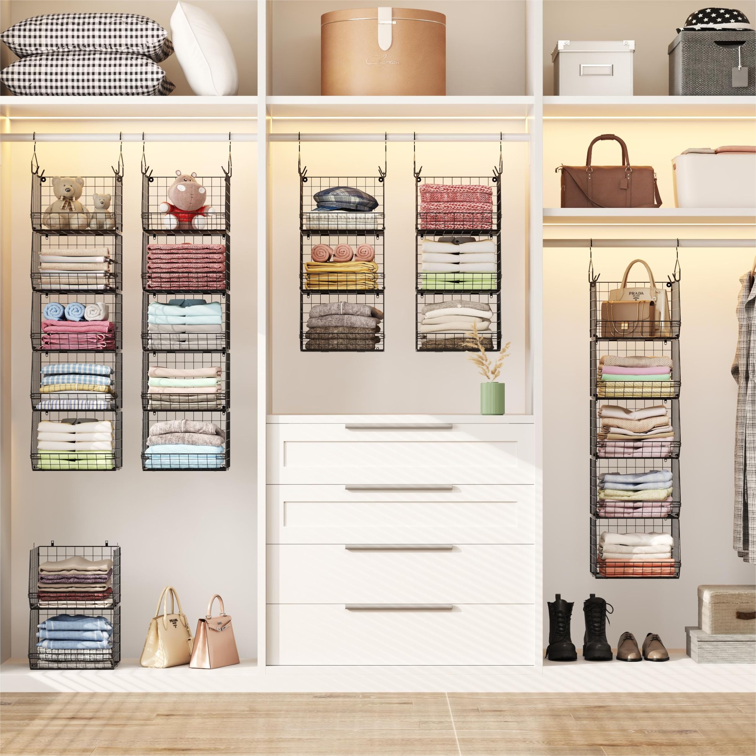 5-Tier Closet Hanging Organizer with 4 Hooks & 5 S-Hooks - Wire Storage Baskets for Clothes, Sweaters, Shoes, Handbags & Accessories - Space-Saving Wardrobe Organizer for Bedroom, Closet & Dorm Storage