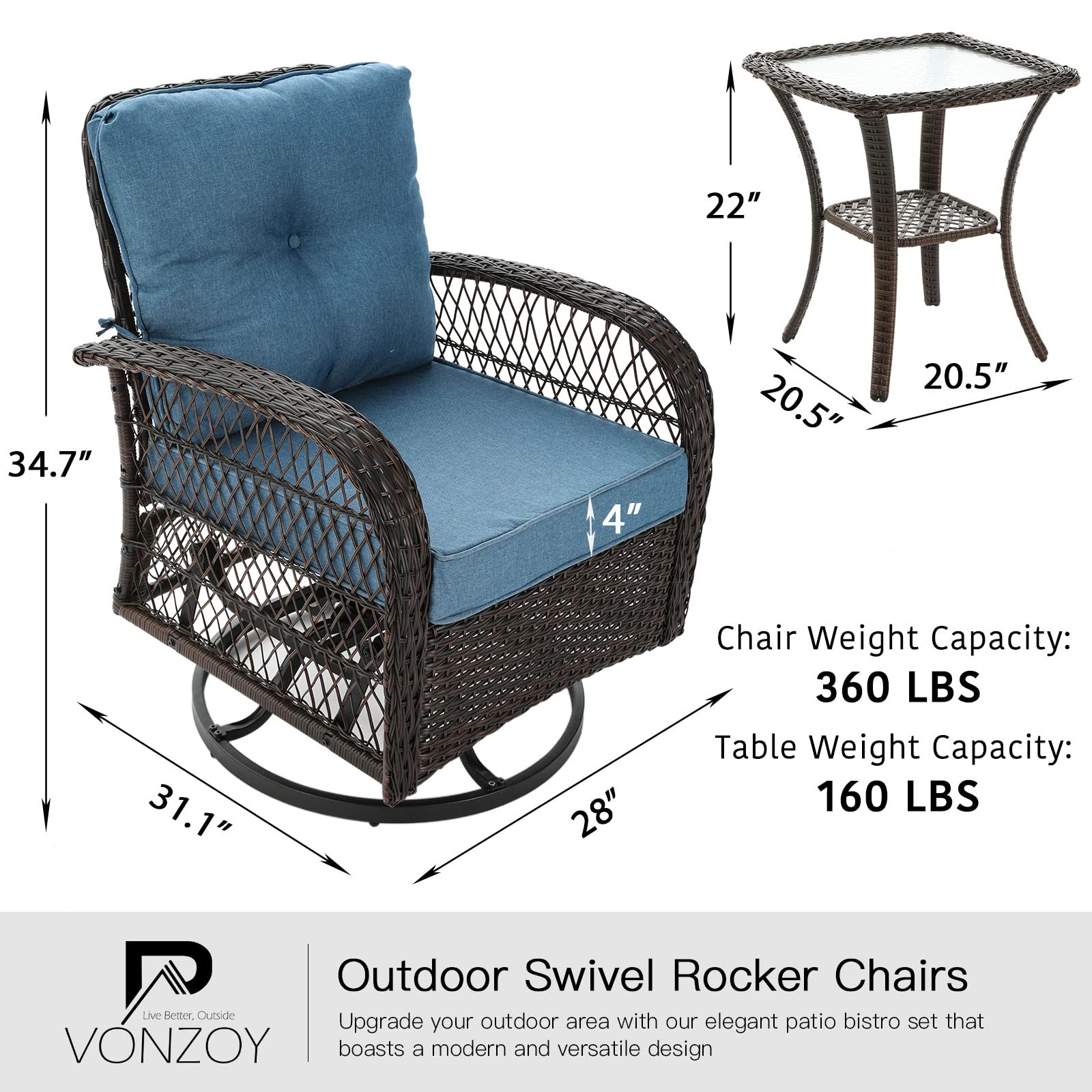 3-Piece Outdoor Patio Furniture Set - Wicker Swivel Glider Rocker with Thickened Cushions & Side Table - Blue Bistro Set for Porch, Garden, Deck or Backyard Relaxation