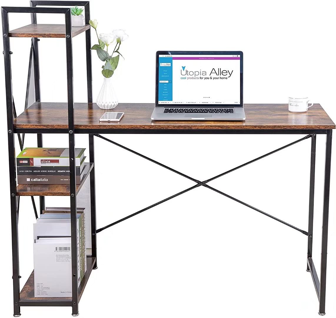 47-inch Black Metal Computer Desk with 4-Tier Storage Shelves - Rustic Brown Corner Study Desk for Home Office, Gaming & Workspace - Utopia Alley Ergonomic Writing Table with Bookshelves