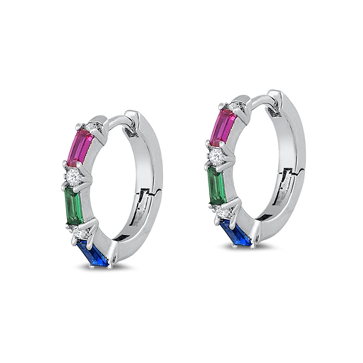 925 Sterling Silver Multi-Colored CZ Hoop Huggie Earrings with Snap Back - Elegant & Durable for Everyday Wear, Parties & Gifts