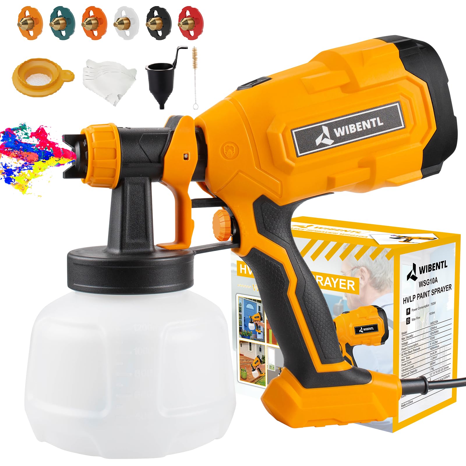 WIBENTL 700W High Power HVLP Paint Sprayer with 6 Copper Nozzles & 3 Spray Patterns - Easy Clean Electric Paint Gun for Furniture, Fences, Walls, Doors, Decks & DIY Crafts - Perfect for Home Renovation, Woodworking & Garden Projects