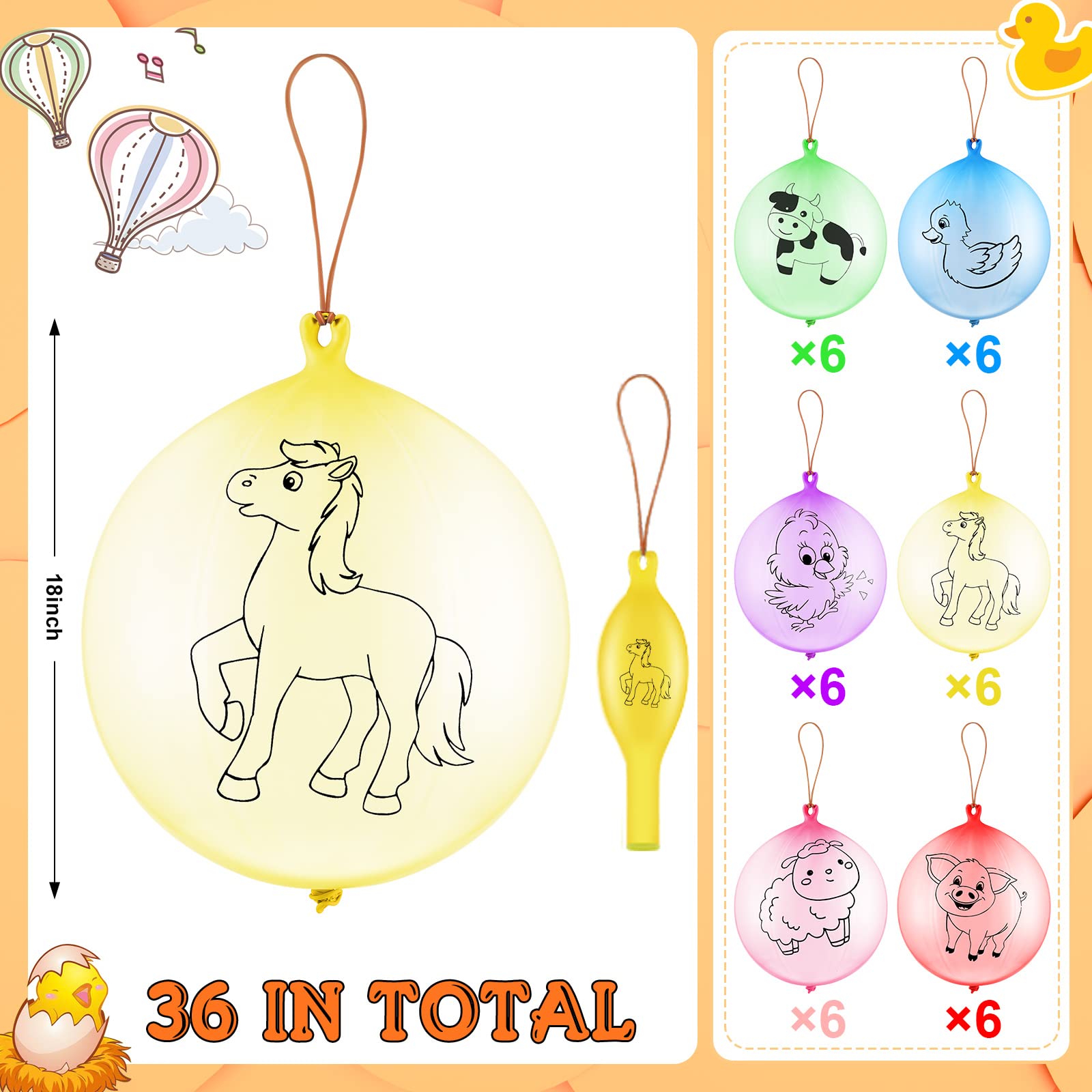 36 Pcs Farm Animal Punch Balloons with Rubber Band Handles - Fun Barnyard Party Favors for Kids Birthday, Animal Themed Decorations - Perfect for Birthday Parties, Carnival Games, and Outdoor Playtime