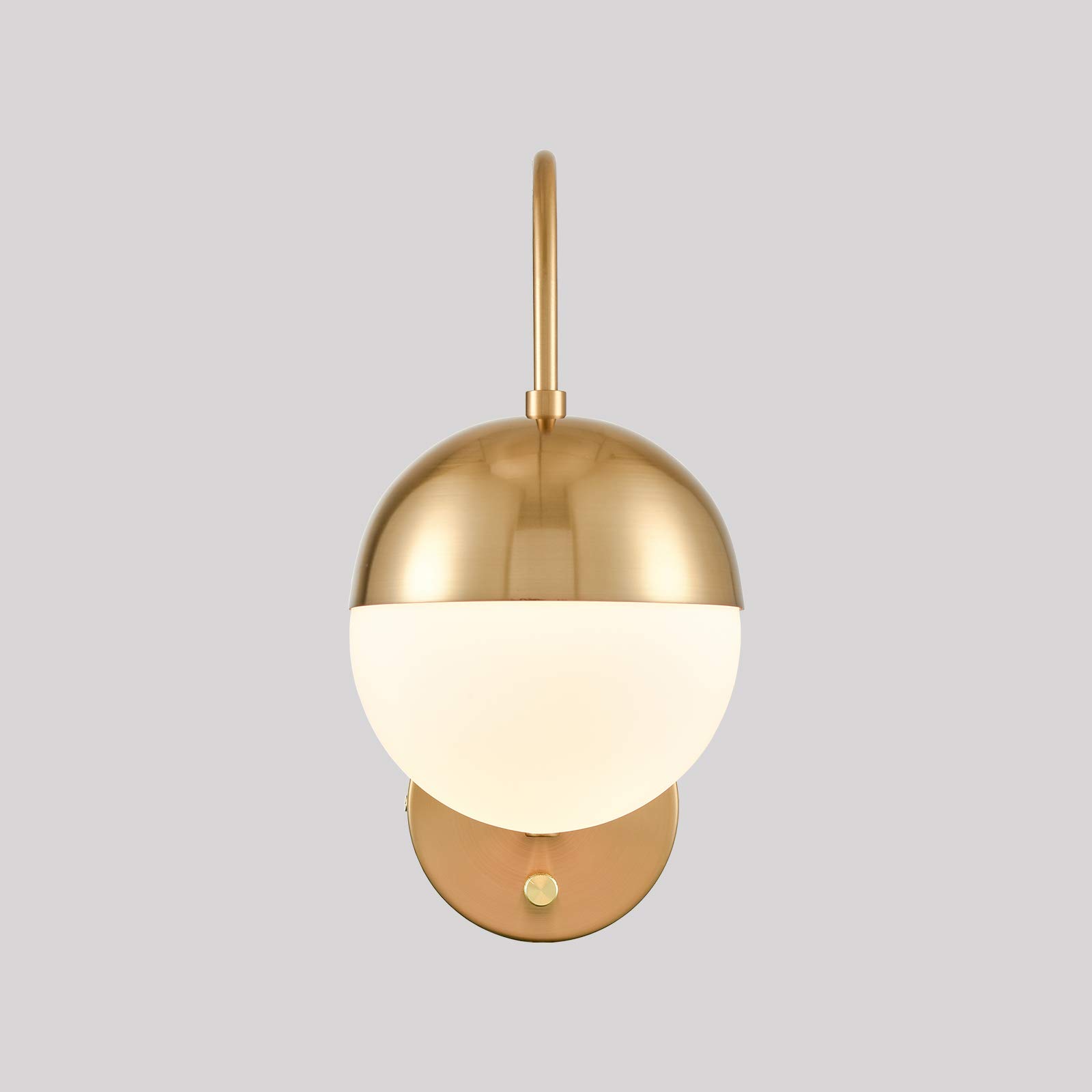 Vintage Mid Century Modern Wall Sconce - Gold Brass Plug-in Wall Lamp with Opal White Glass Globe, Adjustable Switch - Perfect for Bedroom, Living Room & Hallway Lighting