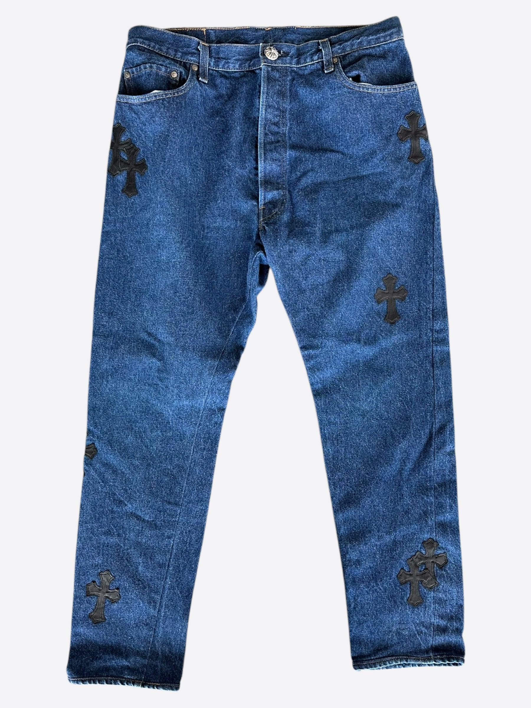 Chrome Hearts x Levi's Blue & Black Cross Patch Denim Jeans for Men - Stylish Vintage Streetwear for Casual Outfits & Night Out