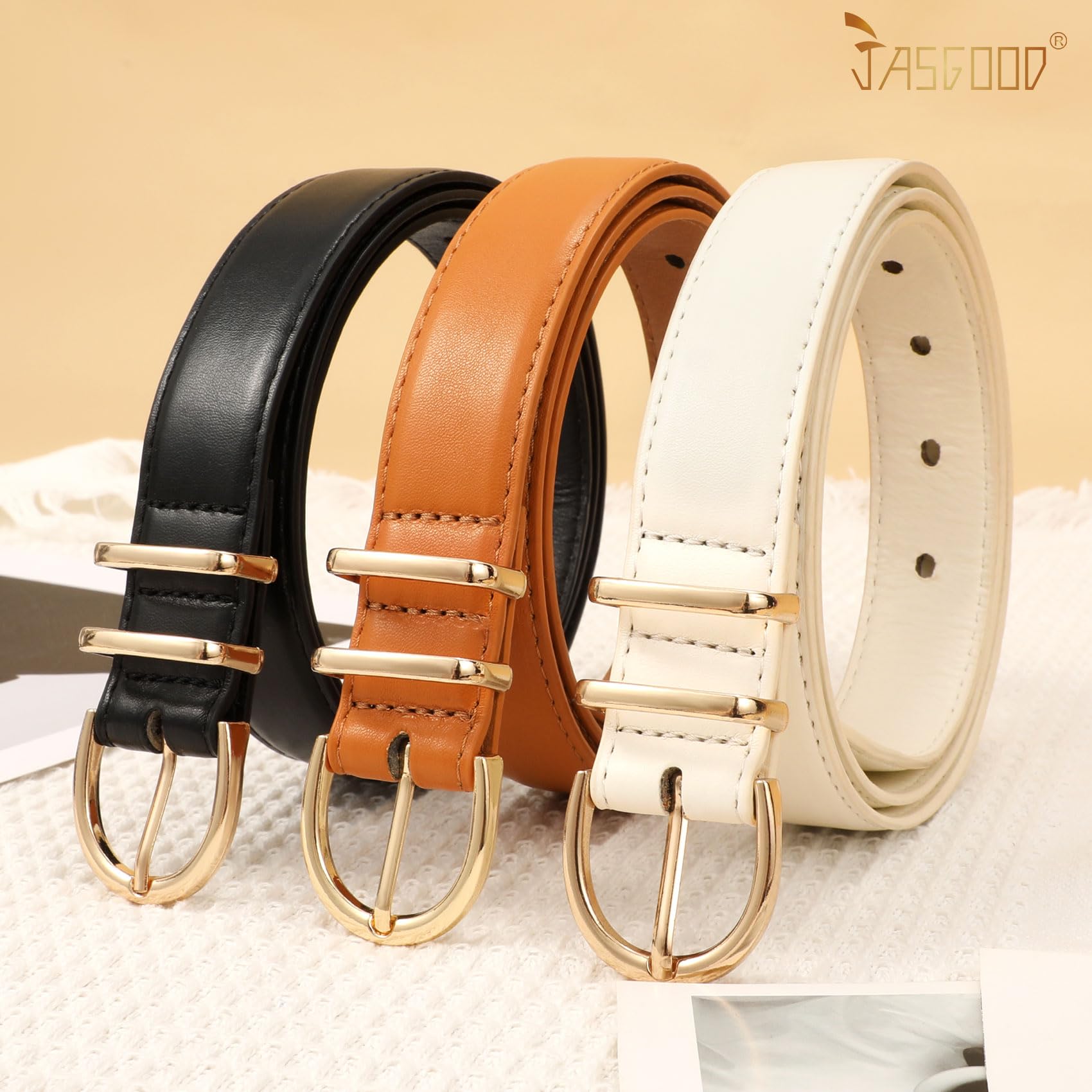 JASGOOL 3 Pack Genuine Leather Belts for Women - Stylish Gold Buckle Waist Belts for Jeans & Pants | Perfect for Casual Outfits, Office Wear & Everyday Fashion
