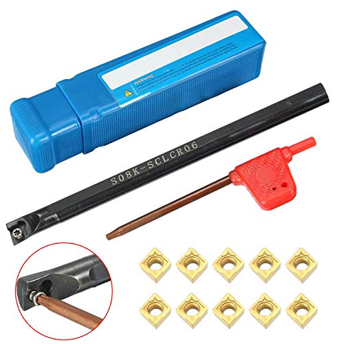 S08K-SCLCR06 Boring Bar Tool Holder with 10pcs CCMT060204-HM Carbide Inserts & Wrench - Lathe Turning Tool for Metalworking, CNC Machining, and DIY Projects