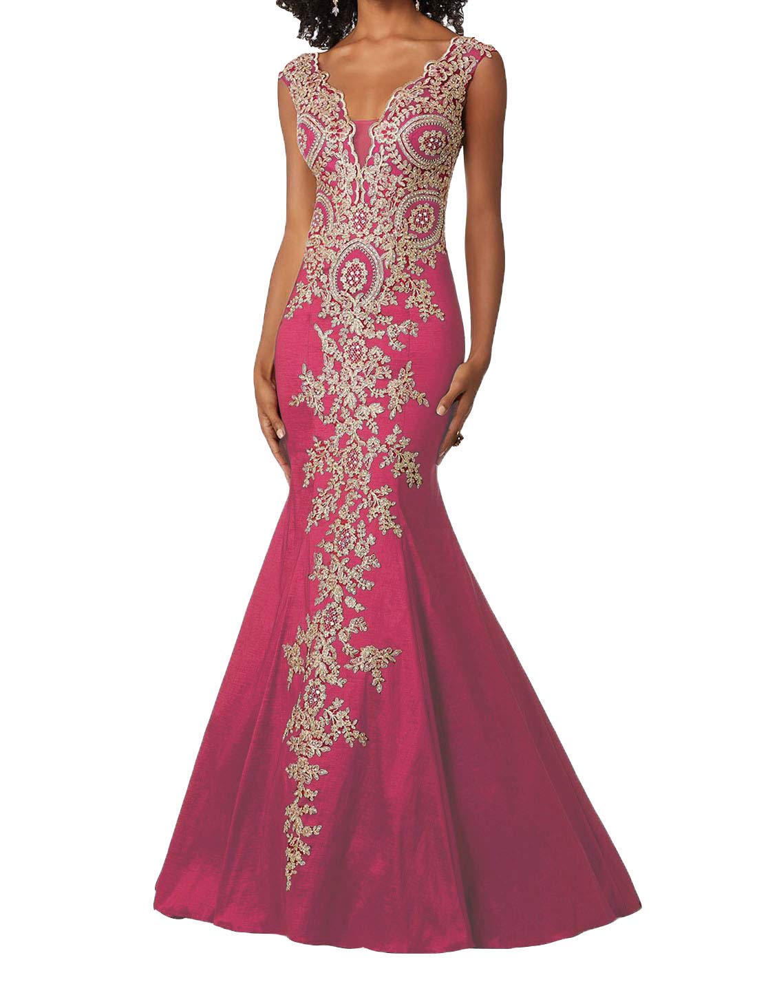 Emanni Women's Gold Lace Applique Mermaid Evening Dress - Elegant Long Prom Gown for Formal Events, Weddings & Black Tie Occasions