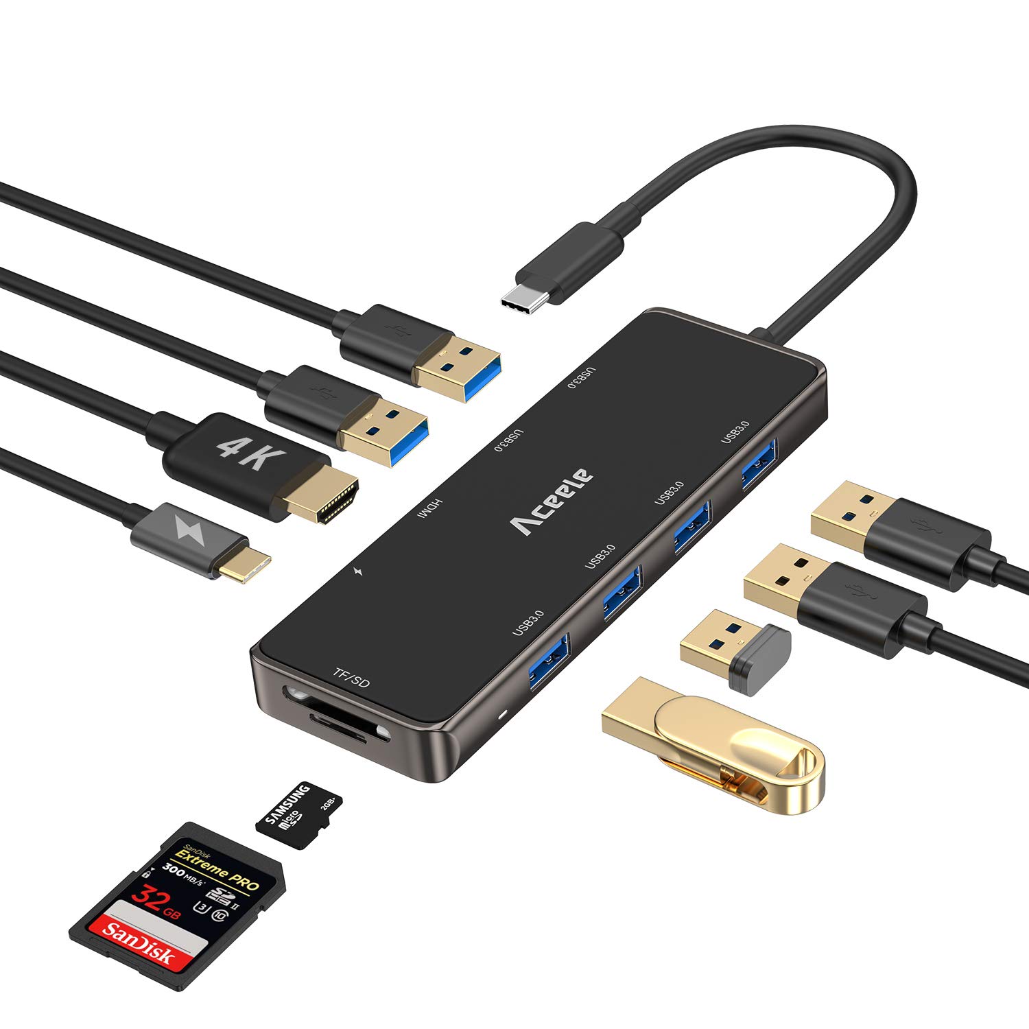 Aceele 10-in-1 USB C Hub with 6 USB 3.0 Ports & 4K HDMI - for MacBook Pro/Air, Chromebook - Perfect for Office & Travel