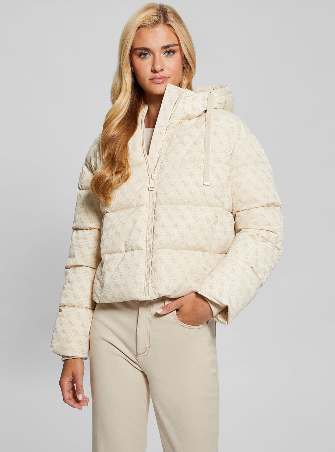 Beige Logo Daisy Puffer Jacket for Women - Lightweight Winter Coat with Floral Design - Perfect for Outdoor Activities & Casual Wear