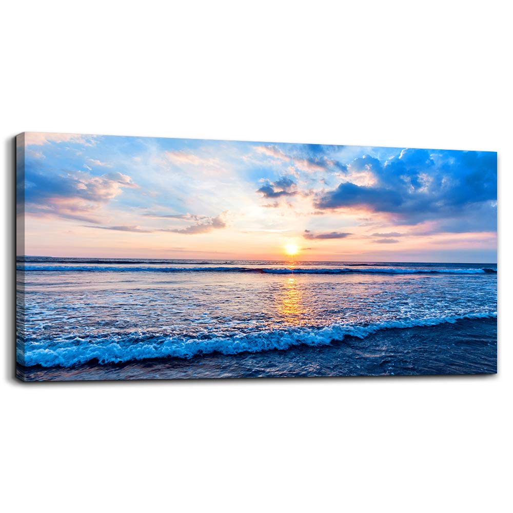 Blue Beach Ocean Waves Canvas Wall Art - Ready to Hang Landscape Painting for Living Room, Bedroom, Kitchen & Bathroom Decor - Inspirational Sea Wall Mural & Home Decorations (Perfect for Coastal, Nautical or Beach House Themes)
