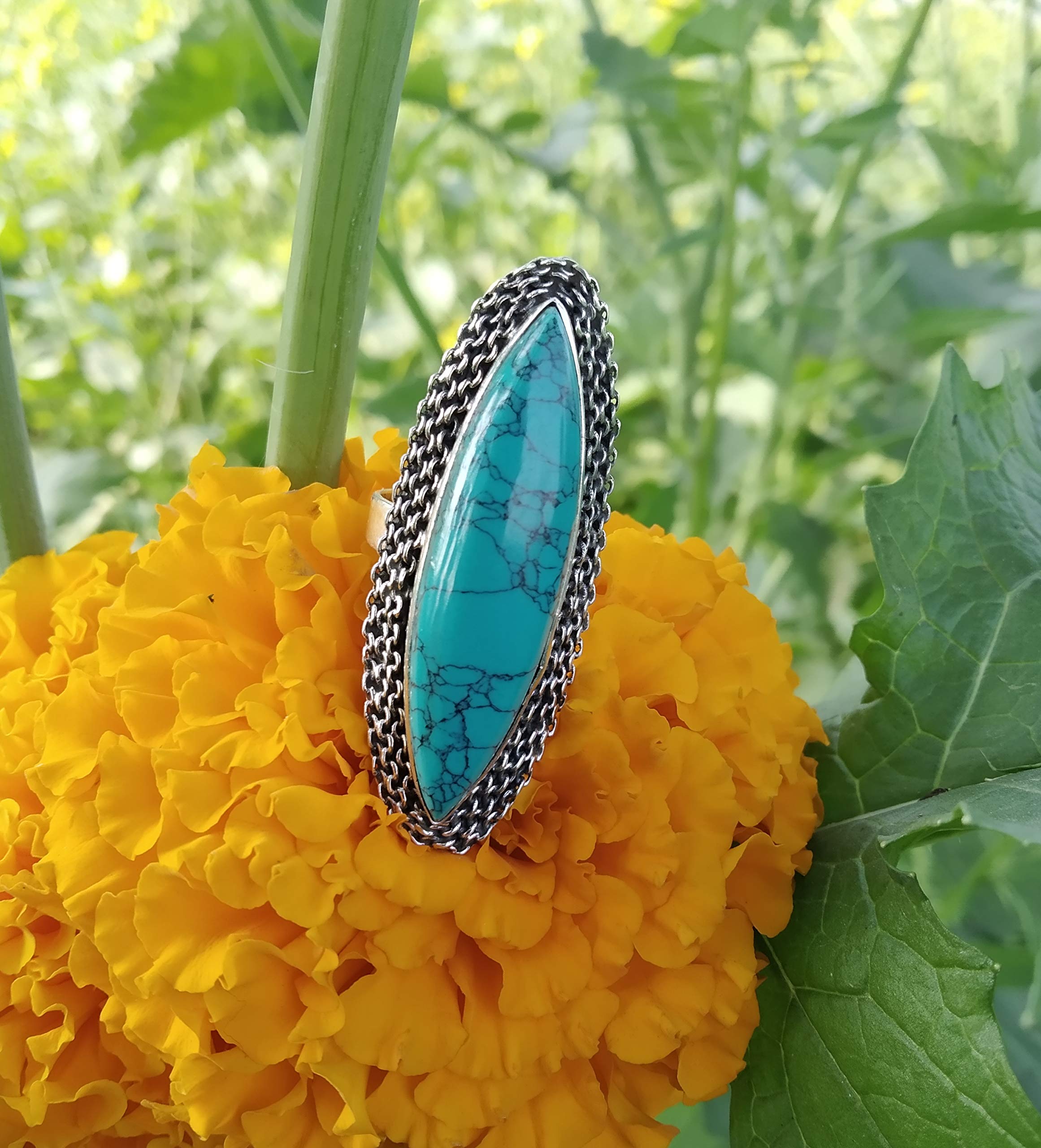 Turquoise Statement Ring - Sterling Silver Bohemian Jewelry with Marquise Gemstone, Vintage Style Long Ring for Women | Perfect Bridal Gift, Promise Ring & Full Finger Ring for Boho Fashion & Special Occasions