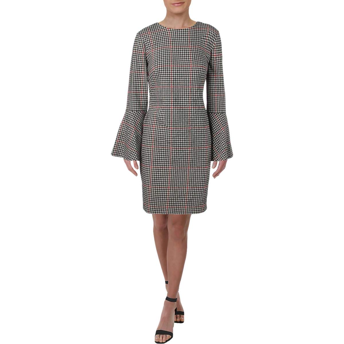 Ralph Lauren Women's Red Houndstooth Bell Sleeve Dress - Size 16 Black | Elegant Office Wear & Cocktail Party Dress for Women