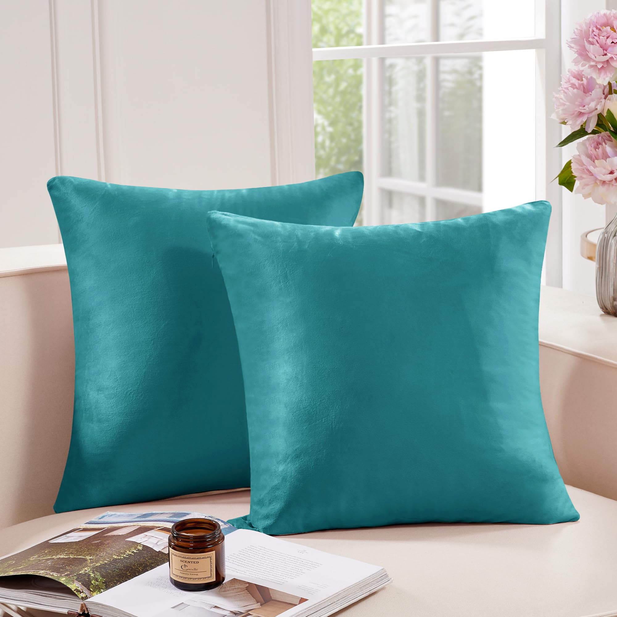 Deconovo 2 Pack Velvet Throw Pillow Covers 22x22 Inches - Super Soft Plush Cushion Covers for Sofa, Couch, Bed - Turquoise Blue Decorative Pillowcases for Living Room, Bedroom, Dorm Decor