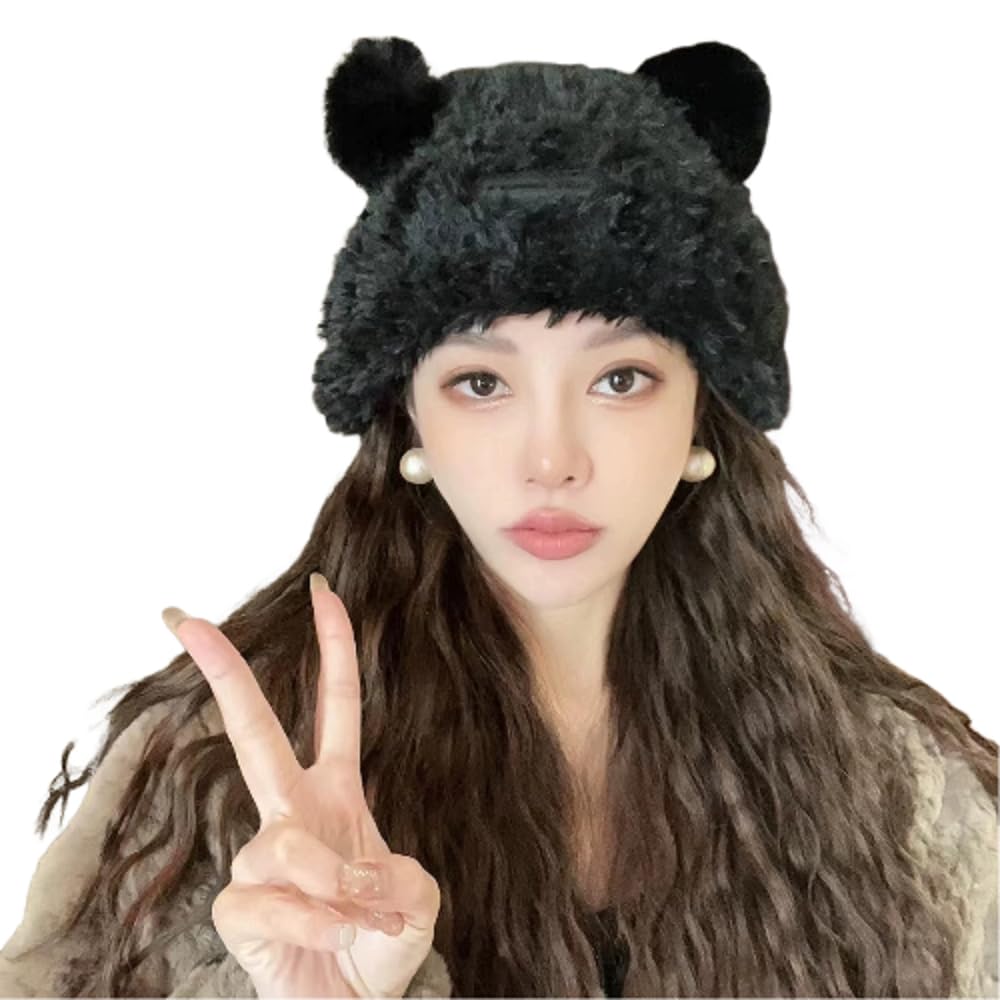 ANKOMINA Cute Plush Bear Ear Beanie Hats for Women & Girls - Winter Warm Faux Fur Knitted Skull Cap Bucket Hat - Cozy Outdoor Fashion for Snow Days & Street Style