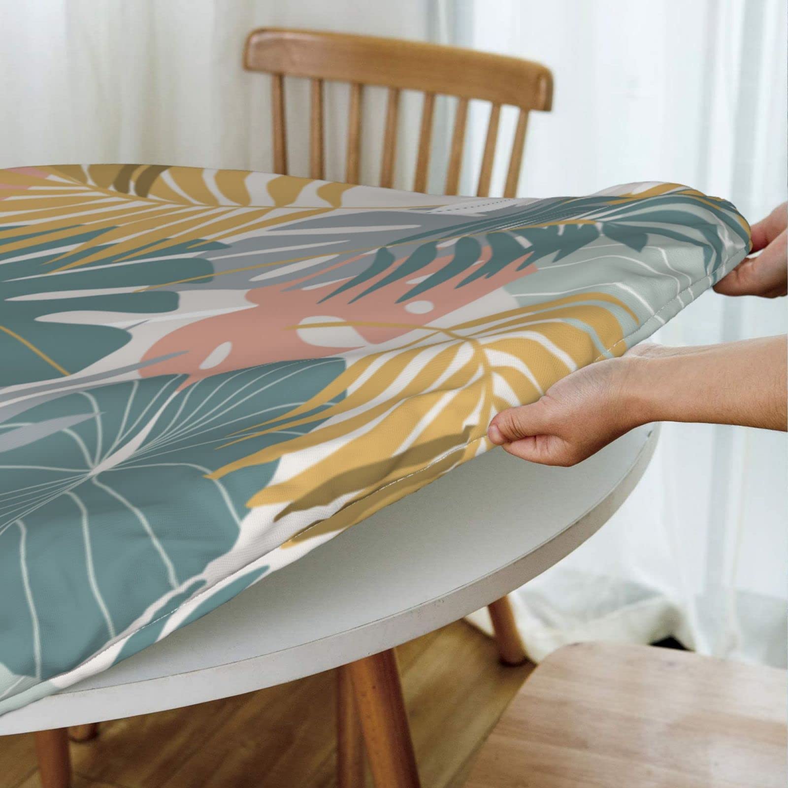 Waterproof Elastic Round Tablecloth - Tropical Palm Leaves Design for 40'' to 44'' Tables | Indoor & Outdoor Dining Decor | Perfect for Patio, Picnic, and Party Settings