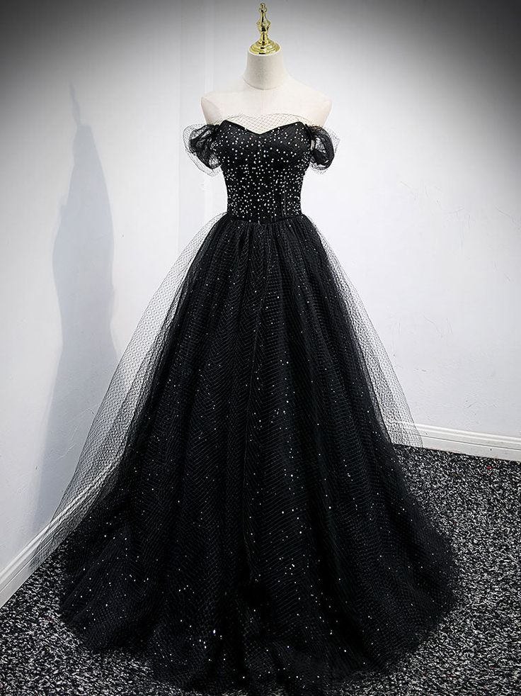 Elegant Off-The-Shoulder Shiny Tulle Long Prom Dress - A-Line Black Evening Gown for Formal Events & Special Occasions | Perfect for Homecoming, Wedding Guest & Red Carpet