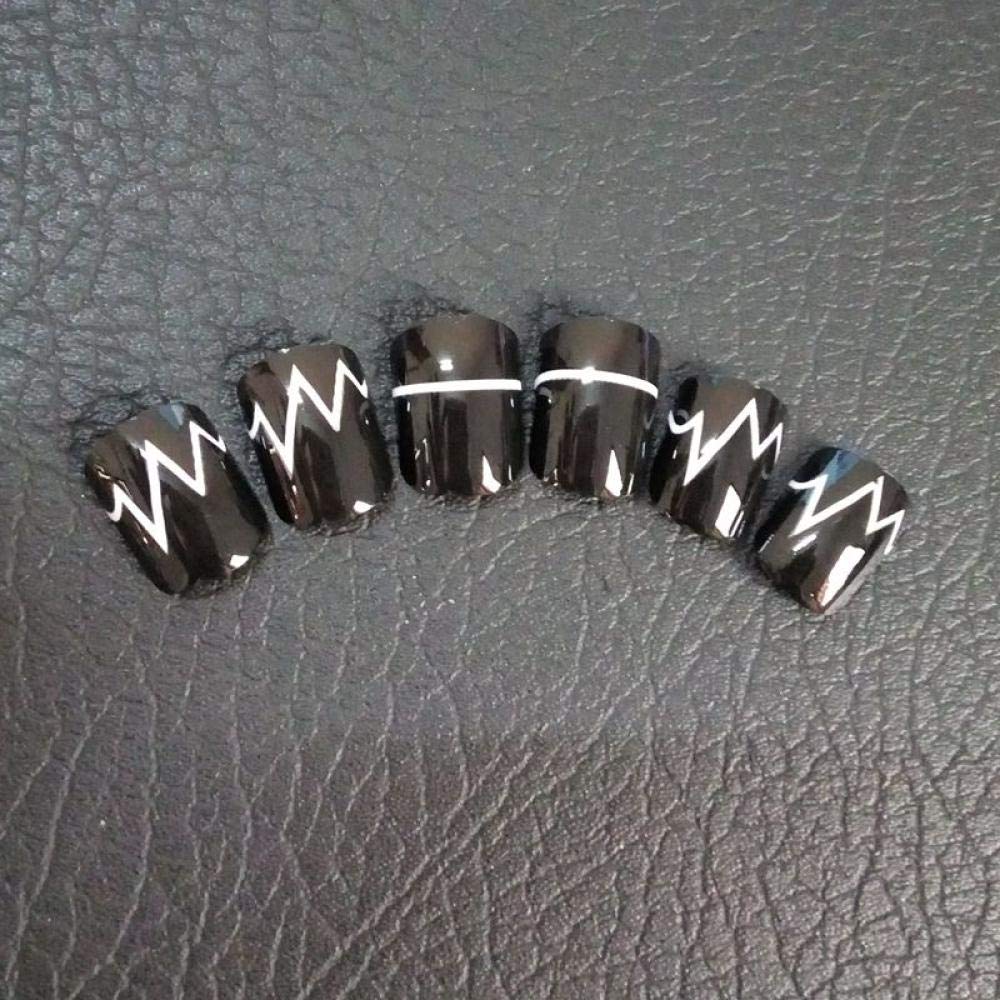 HUJL Shiny Black Jagged False Nails - 24pcs Acrylic Nail Tips with Line Pattern for DIY Manicure, Salon & Party Glam | Fashion Nail Art Accessories for Women