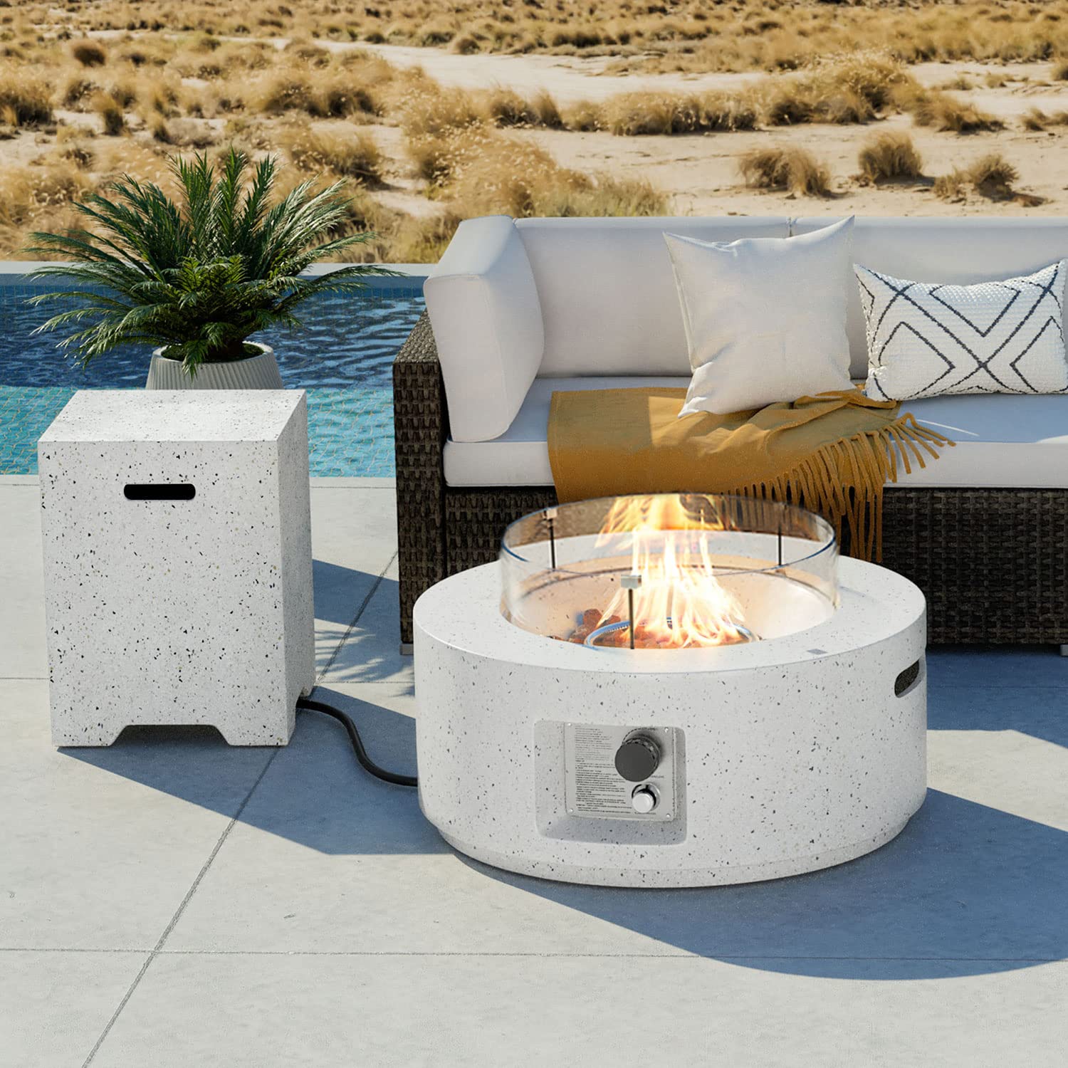 2-Piece Outdoor Propane Fire Pit Table Set with 28-inch Terrazzo Round Fire Table (40,000 BTU) & 16-inch Tank Cover Side Table - Includes 20lb Tank, Wind Guard & Rain Cover - Perfect for Garden, Patio, Poolside & Backyard Gatherings