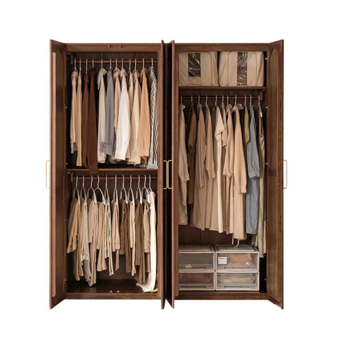 Vintage French Style Black Walnut Solid Wood Wardrobe - Classic Retro Closet for Bedroom & Living Room Storage