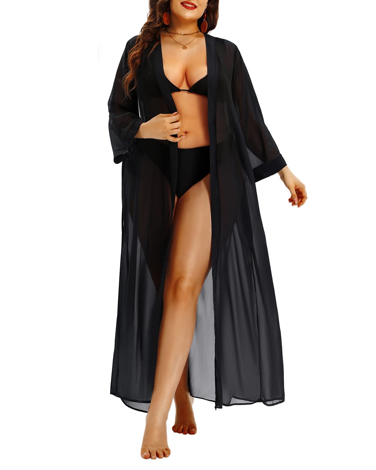 **Plus Size Swimsuit Cover Up for Women - Long Kimono Cardigan Beach Cover Up with Chiffon Fabric & Tie Front Design | Perfect for Pool, Beach, and Vacation Outfits**