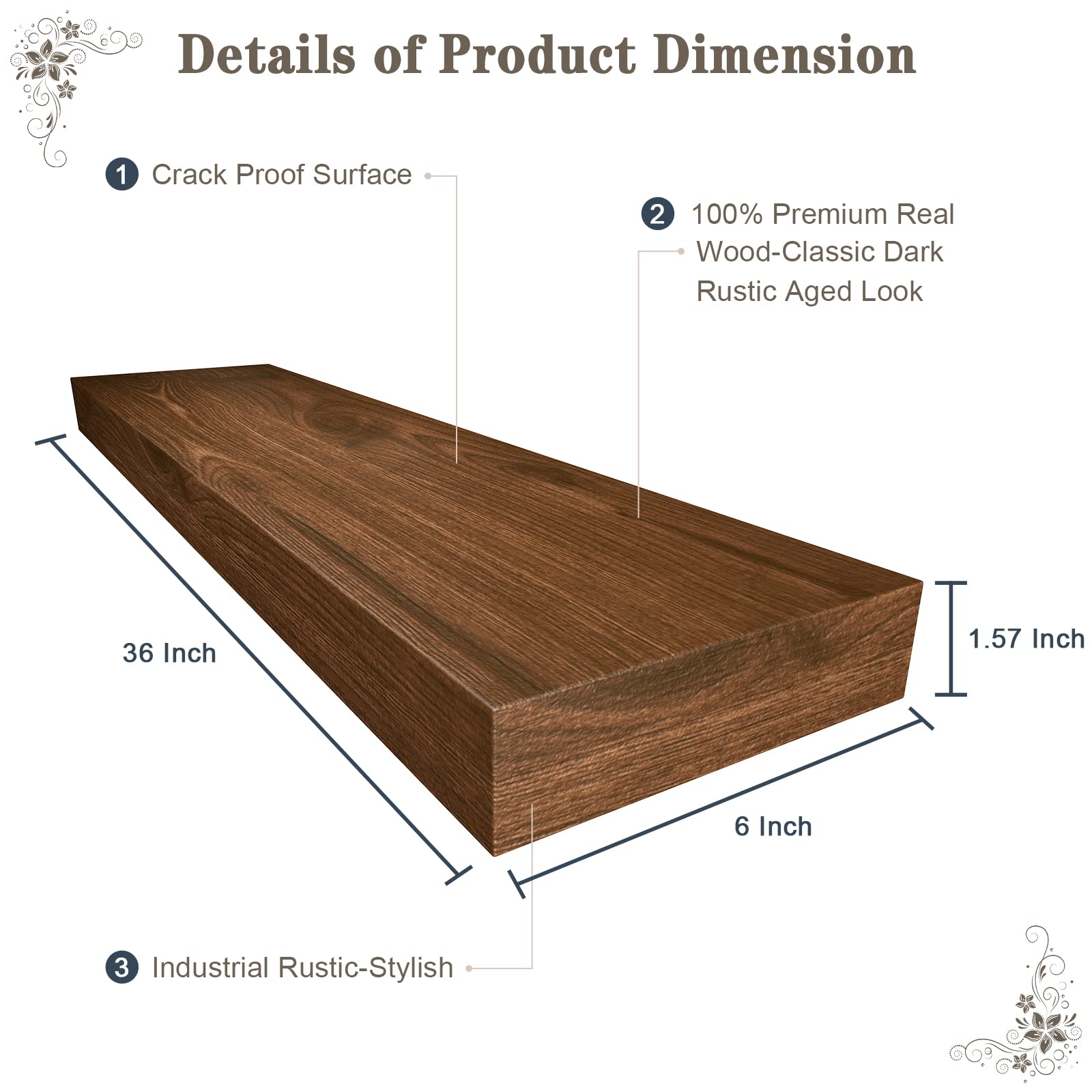 Set of 2 Floating Shelves Wall Mounted - 36 Inch Rustic Wood Wall Storage Shelves for Bedroom, Living Room, Bathroom, Kitchen & Office - Dark Walnut - Perfect for Displaying Decor, Books & Organizing Spaces