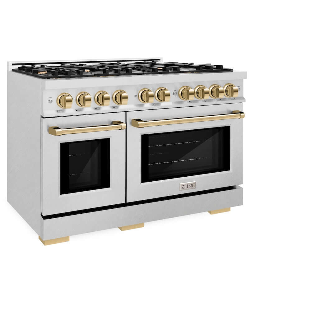 ZLINE Autograph Edition 48-Inch 6.7 cu. ft. Dual Fuel Range with 8-Burner Gas Cooktop - Satin Stainless Steel & Polished Gold Accents (HDRSZ 48 G) - Perfect for Professional Kitchens & Luxury Home Cooking